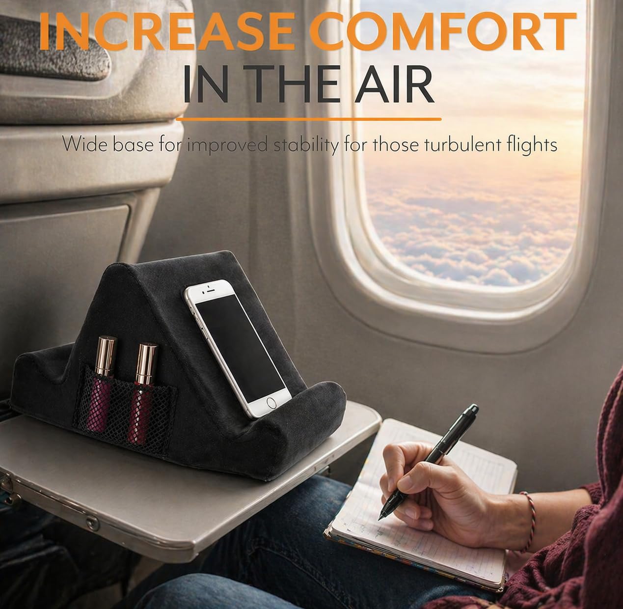 Brookstone Tablet Lap Cushion - Tablet and Phone Holder for Bed, Flights, and Travel, Two Angled Memory Foam Lap Desk for Reading and Hands Free Viewing, Compatible iPad and Kindle Accessories, Black