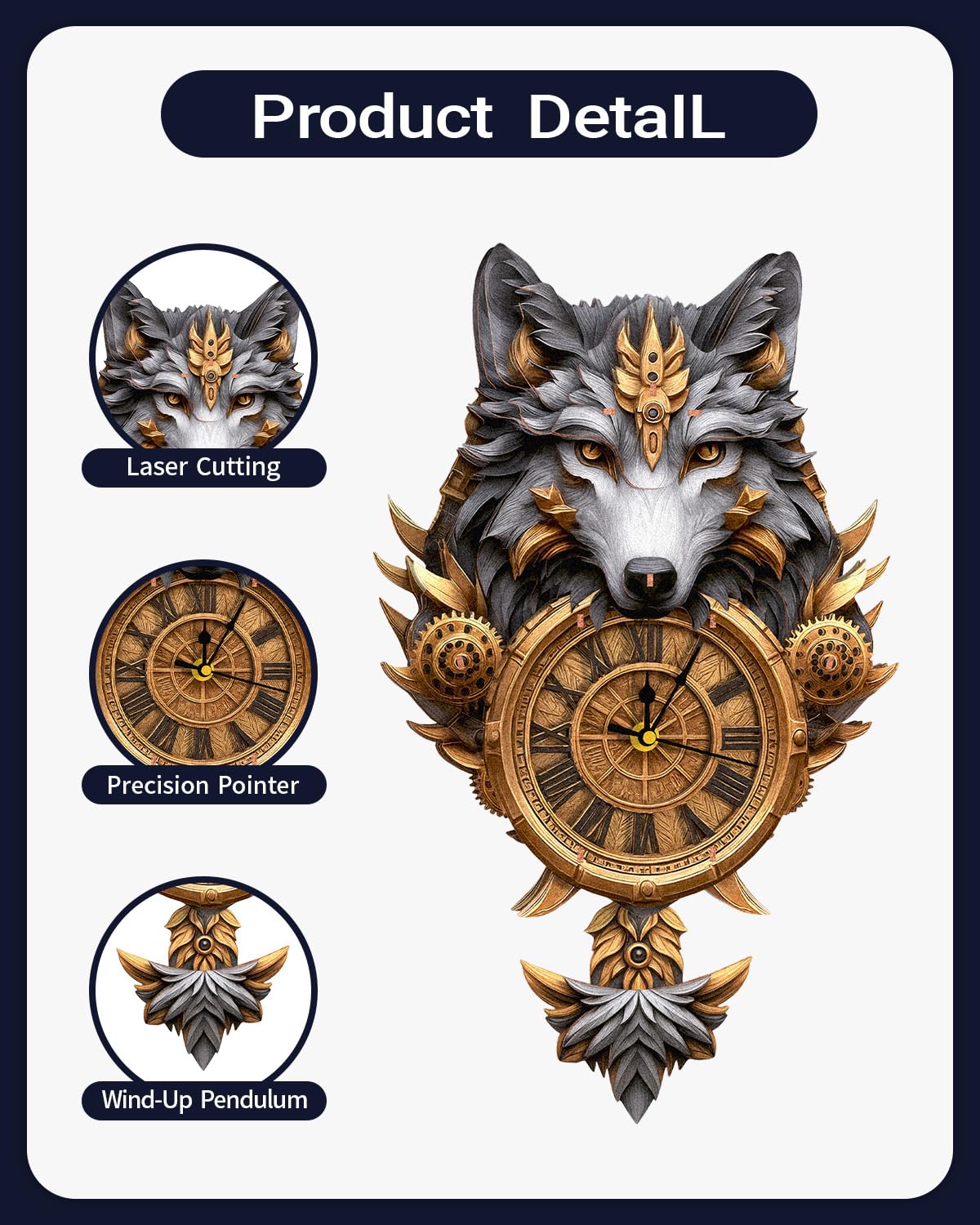 Rnfinewow 3D Puzzles for Adults, Gray Wolf DIY Clock Kit with Pendulum, Beginner 3D Wooden Puzzles Model Kit Crafts for Home Wall Decor Hobbies Birthday Christmas Day Gift
