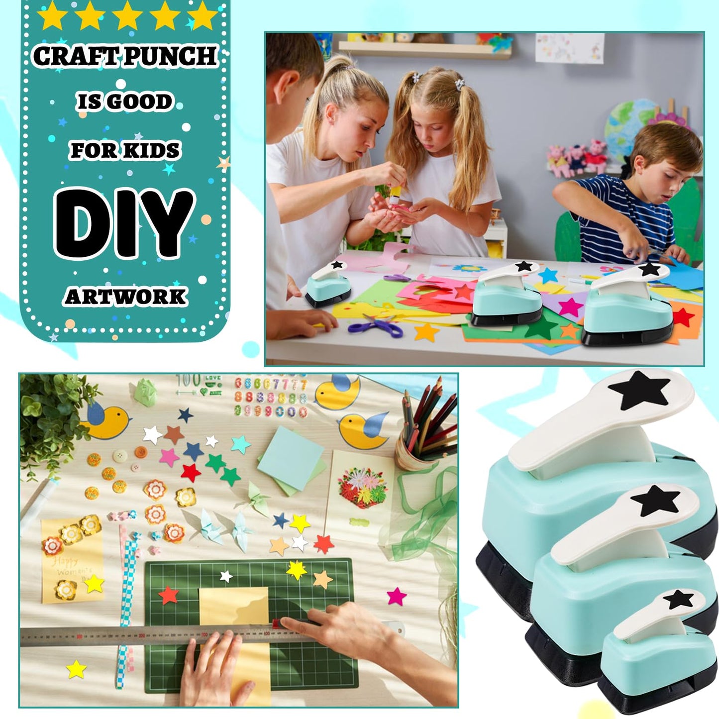 Star Punch Paper Craft Tool, 3Pcs Different Size Star Shaped Hole Puncher for Scrapbook Supplies, Card Making, DIY Crafts, Estrella Paper Cutter & Punch Set for Papel Crafts