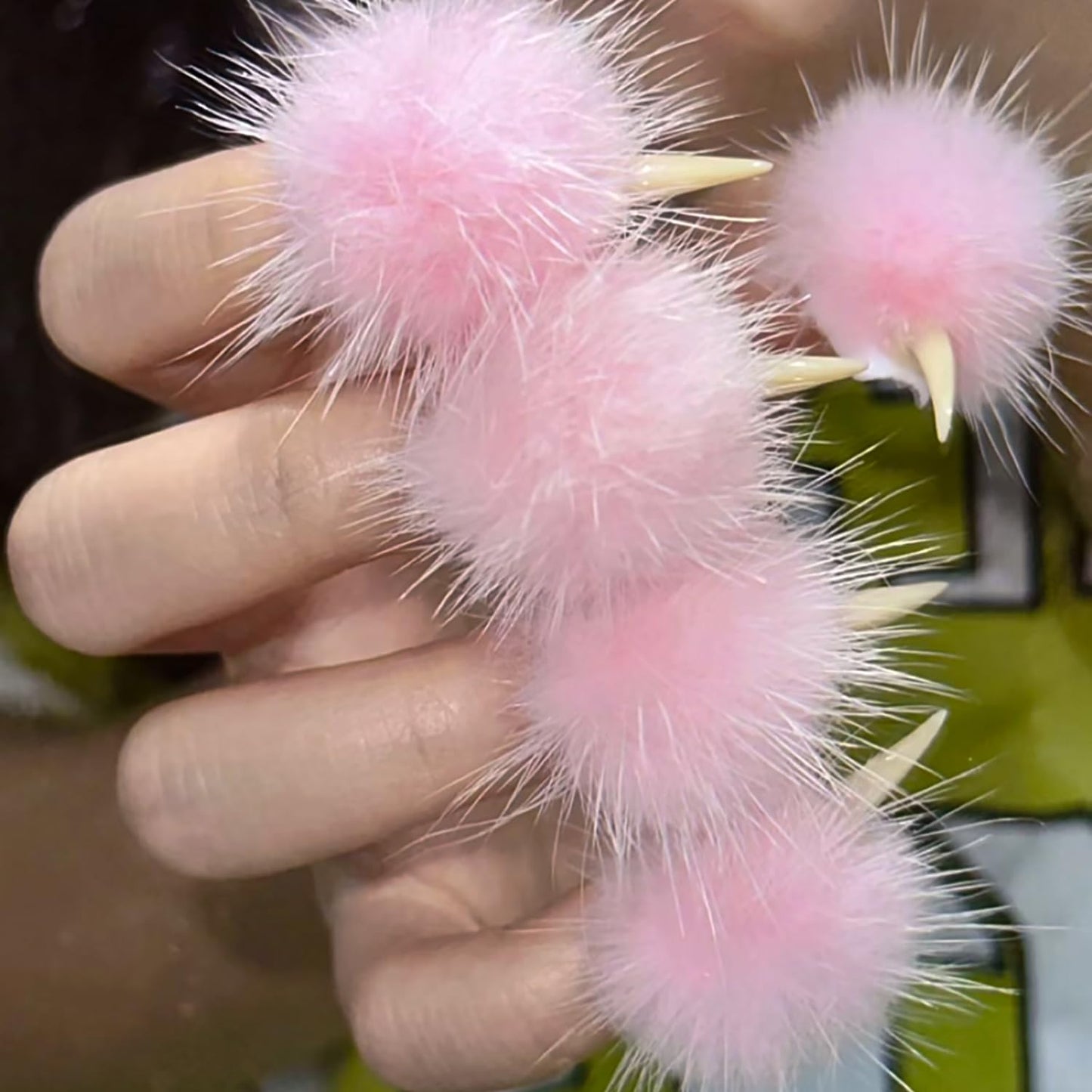 10 Pcs Luxury Press on Nails Medium Curved Stiletto Handmade Cat Claw Reusable Nails Press Ons Unique with Pink Furry Fur Designs Cat Claw Fake Nails Glossy Thick Acrylic Glue on Nail (S)