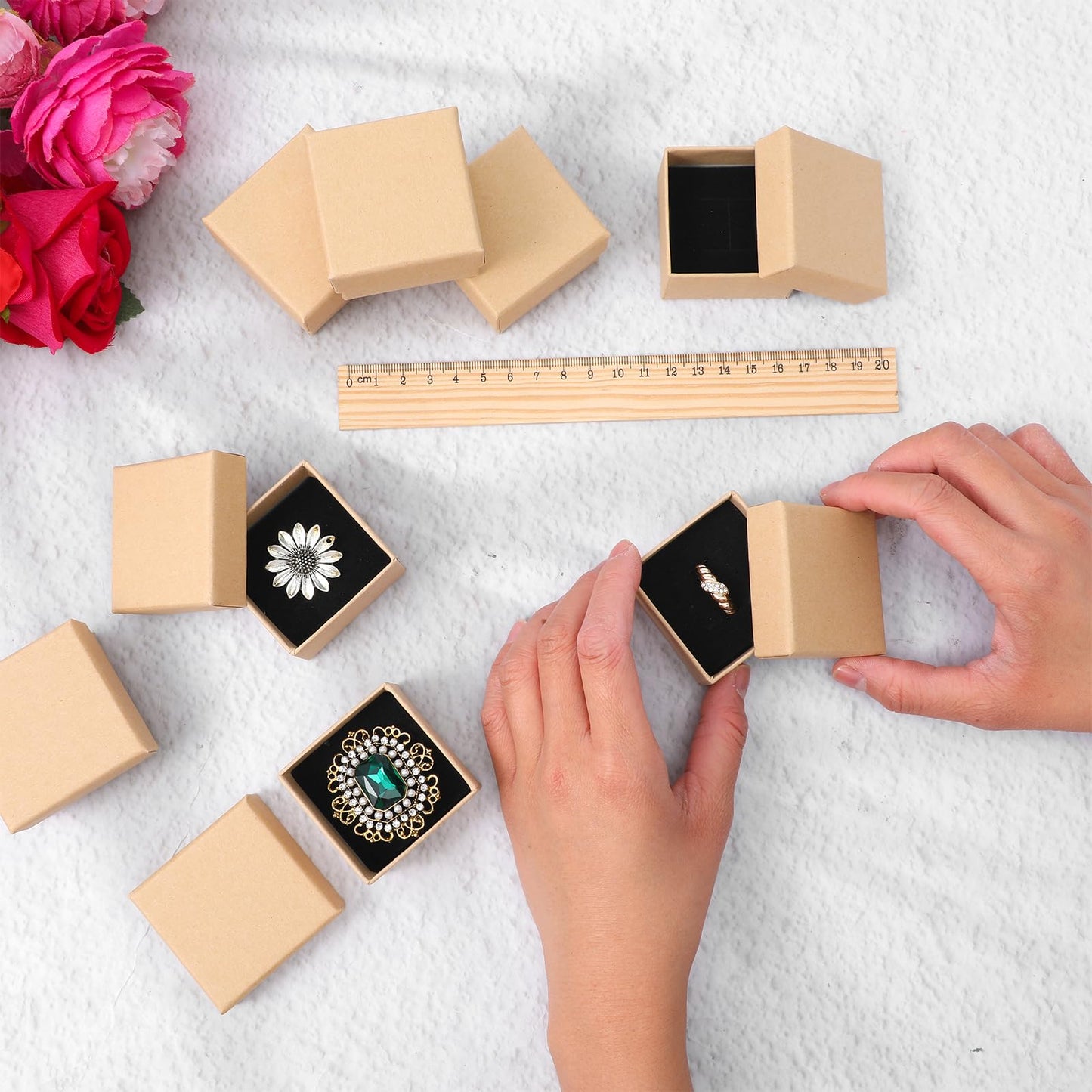 Kegeeei 60 Pack Cardboard Ring Boxes, 2 x 2 x 1.26 Inch Square Jewelry Gift Boxes With Foam, Bulk Mini Earring Packaging For Weddings, Birthdays, and Retail Display, Brown