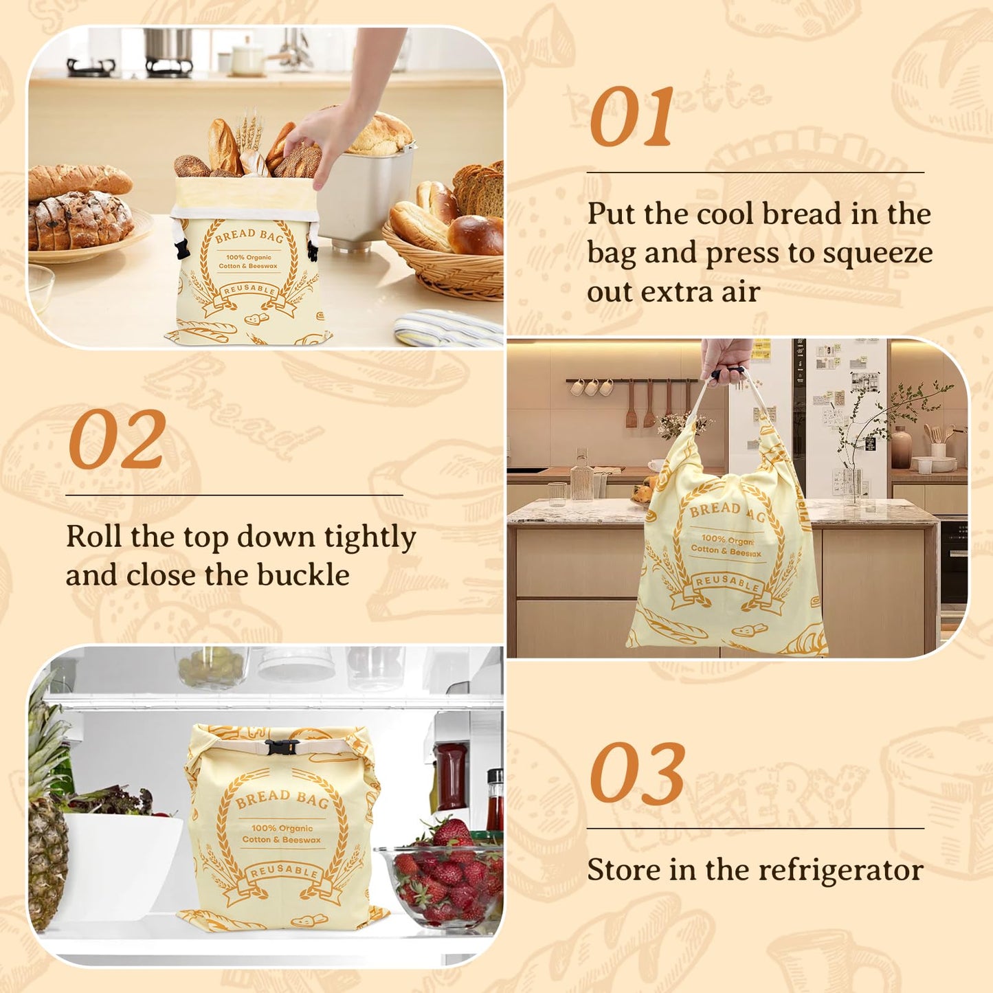 2 Pack Beeswax Bread Bags for Sourdough & Homemade Bread - Natural Cotton Sourdough Reusable Beeswax Food Storage Bag, Freezer-Safe, Keep Bread Fresh