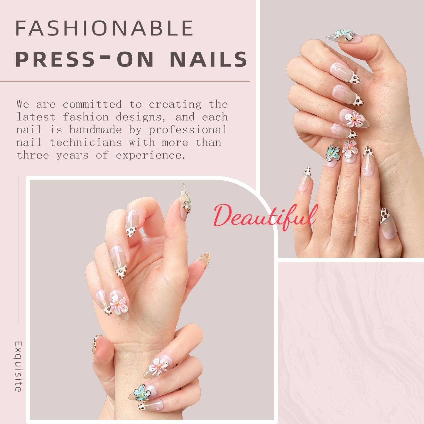 Handmade Press on Nails – Reusable False Nails with Leopard Print French Design, Gradient Tropical 3D Flower Art, Medium Almond Shaped Fake Nails (10PCS-S)