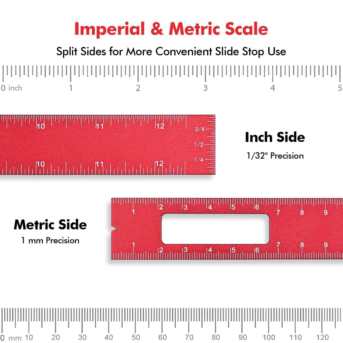 Draxzor 3PCS Woodworking Ruler Set, Precision Pocket Ruler with Adjustable Slide Stop, Aluminum Alloy Measuring Tool for Marking & Scribing, Metal T-Track Square Rulers, Inch and Metric (6", 8", 12")