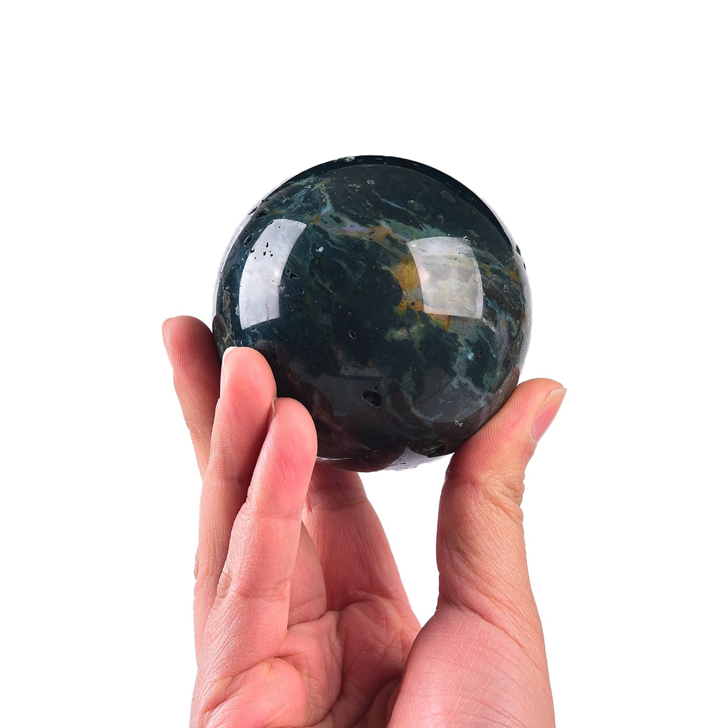 JIC Gem Natural Ocean Jasper Crystal Sphere Decorative Ball with Wooden Stand Meditation Balls for Witchcraft Reiki Healing Gift 50-60mm