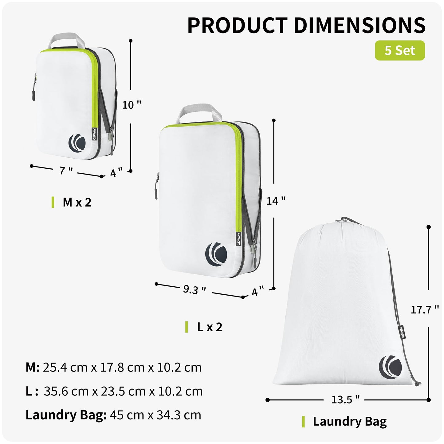 Cipway - 5 Set Compression Packing Cubes for Travel, Ultralight Packing Organizers for Luggage Suitcase & Backpack (White), L