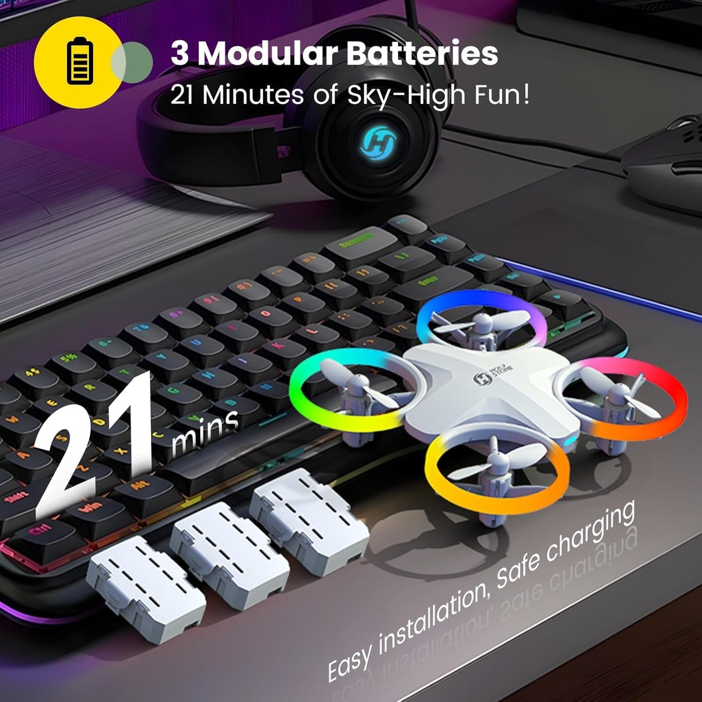Holy Stone HS180 LED Mini Drone for Kids Beginners, RC Quadcopter with 3 Batteries 21 Min Flight, Easy to Fly, One Key Start, Altitude Hold, 3D Flips, Circle Fly, Headless Mode, Great Easter Gift Toy Drone