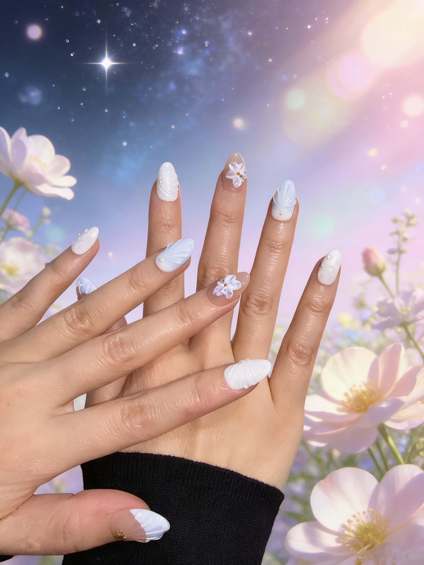 10 Short Almond Handmade Press On Nails | French design with 3D Floral and Seashell | Skip Salon Trips, Easy to Apply & Remove, Reusable (251208, S)