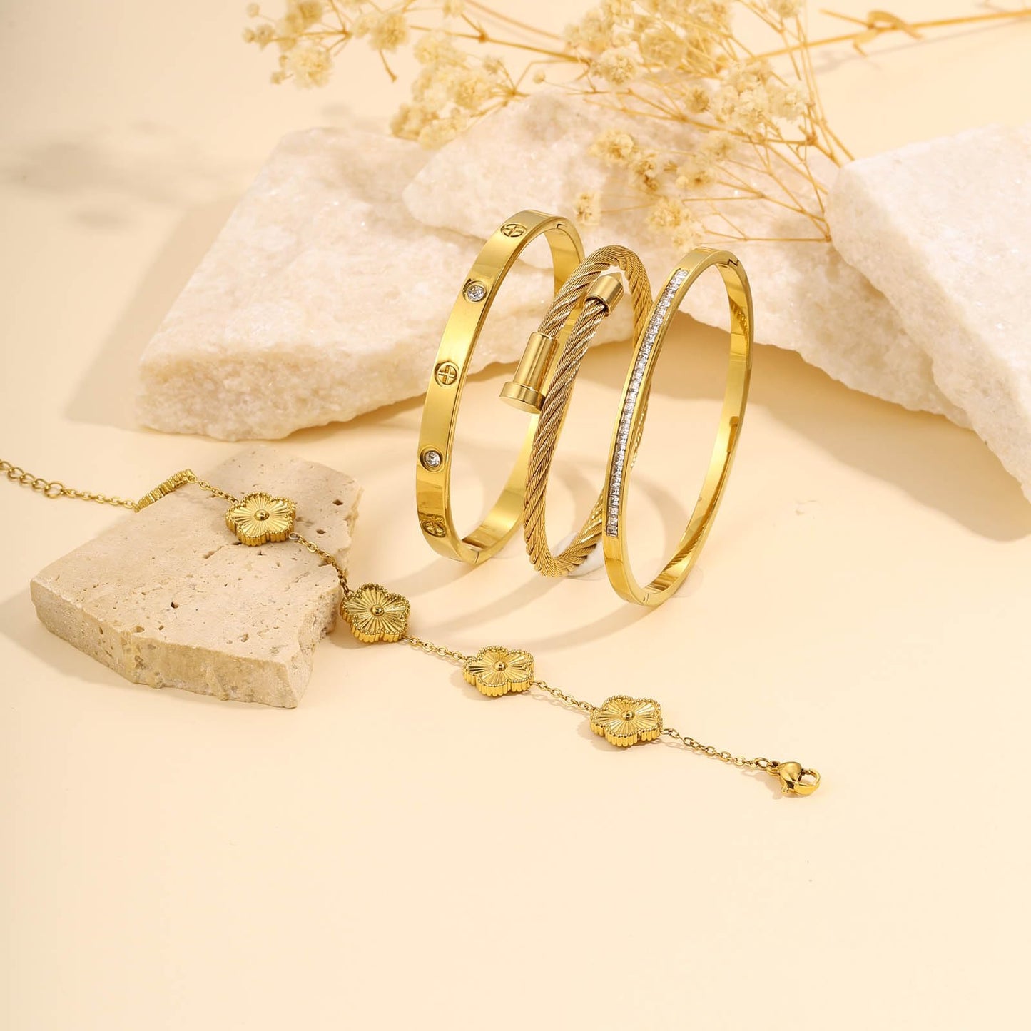 ISELBDR 18K Gold Bracelets for Women - Stackable Clover & Nail Love Bangle Set - Non-Tarnish Stainless Steel Jewelry for Valentine's, Mother's Day & Christmas (Gold-2)