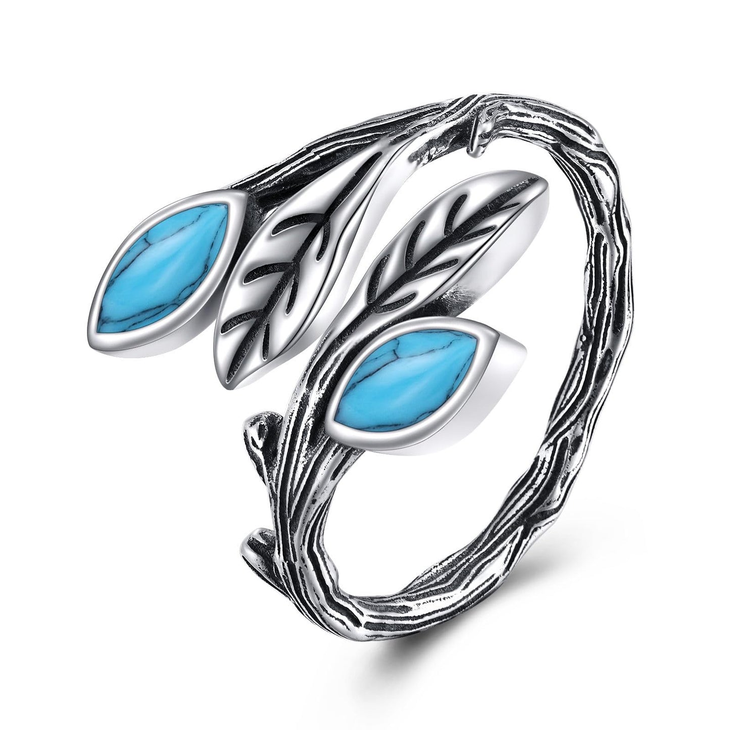 POPLYKE Leaf Turquoise Ring Sterling Silver Boho Adjustable Open Ring Spoon Ring Vintage Thumb Rings for Women