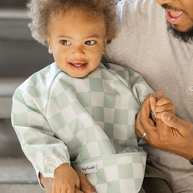 Tiny Twinkle Long Sleeve Bib for Babies & Toddlers – 2 Pack Waterproof Smock Bibs for Eating – Machine Washable & Mess-Proof, Baby Feeding Essential & Shower Must-Have (Black,Sage Checkers, 6-24M)