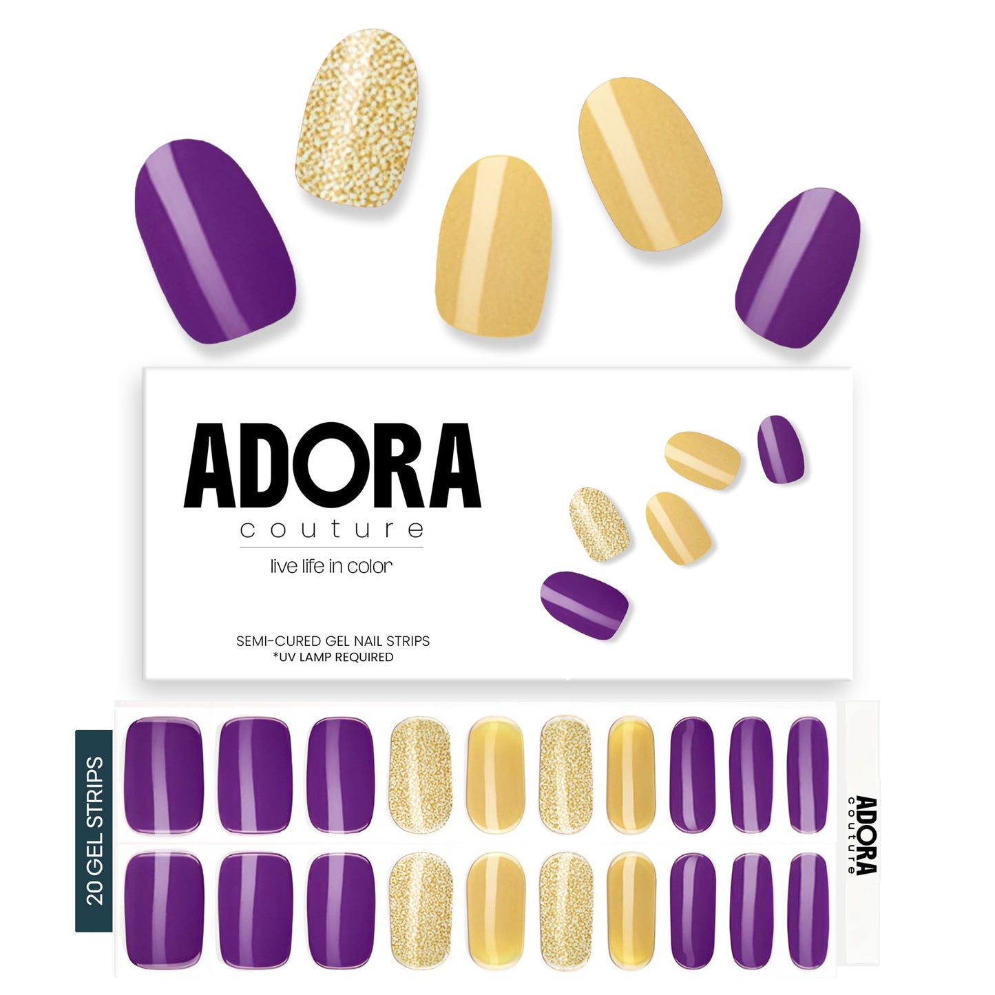 Adora Couture Semi Cured Gel Nail Strips with 20 Pieces - UV Gel Stickers, Manicure Kit, Easy Application Wraps Includes Prep Pads, Nail File, Wooden Stick - UV Light Required (Golden Plum)