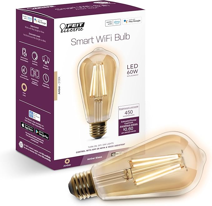 Feit Electric ST1960/FIL/AG 60 Watt Equivalent WiFi Dimmable, No Hub Required, Alexa or Google Assistant ST19 Edison Vintage LED Smart Light Bulb, Yellow, 5.4" H x 2.5" D, 2100K Amber