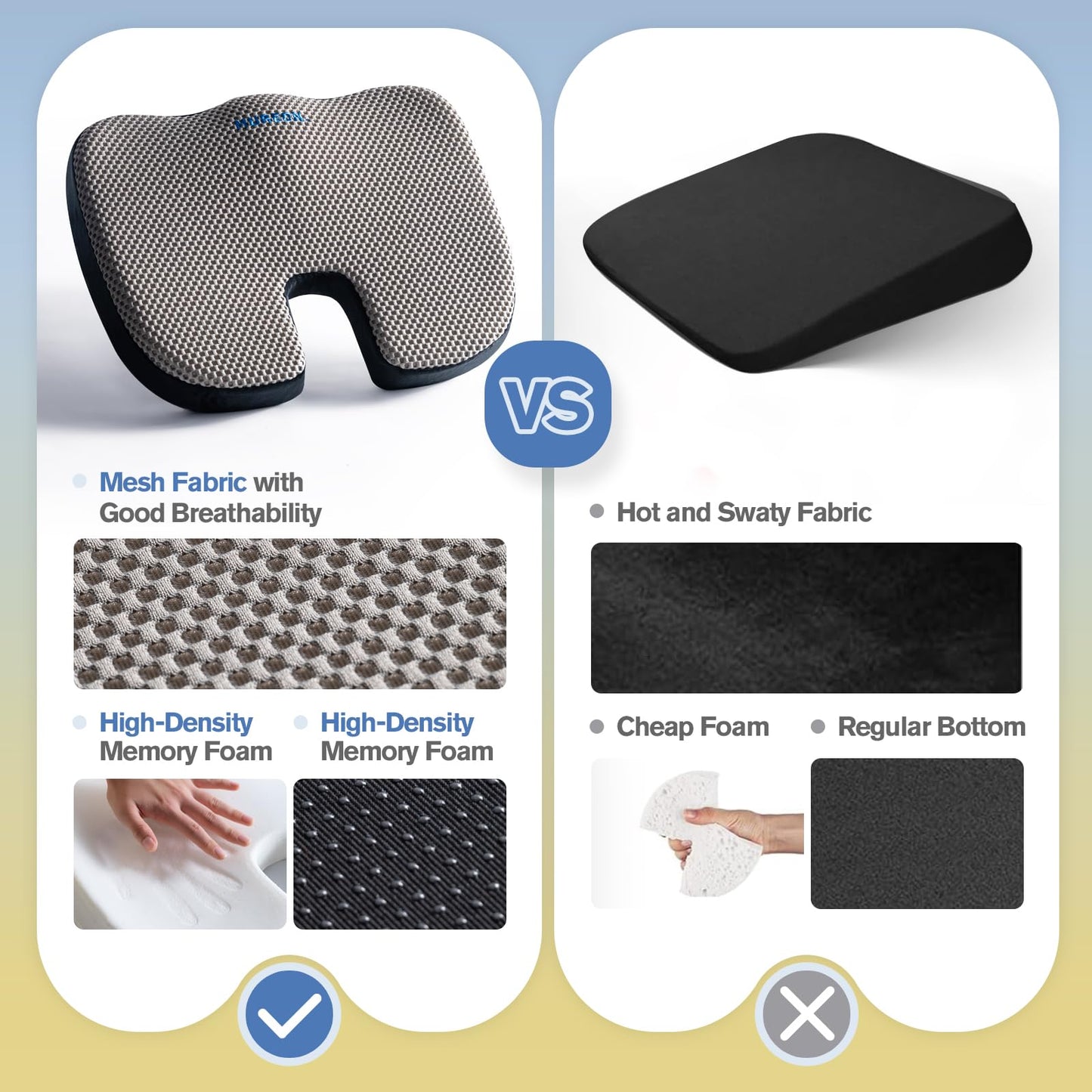 Mureon Seat Cushion for Office Chairs, Large Memory Foam Cushion for Car, Pressure Relief Ergonomic Chair Cushion with Non-Slip Cover for Soft Support for Hip All Day Comfort - Grey