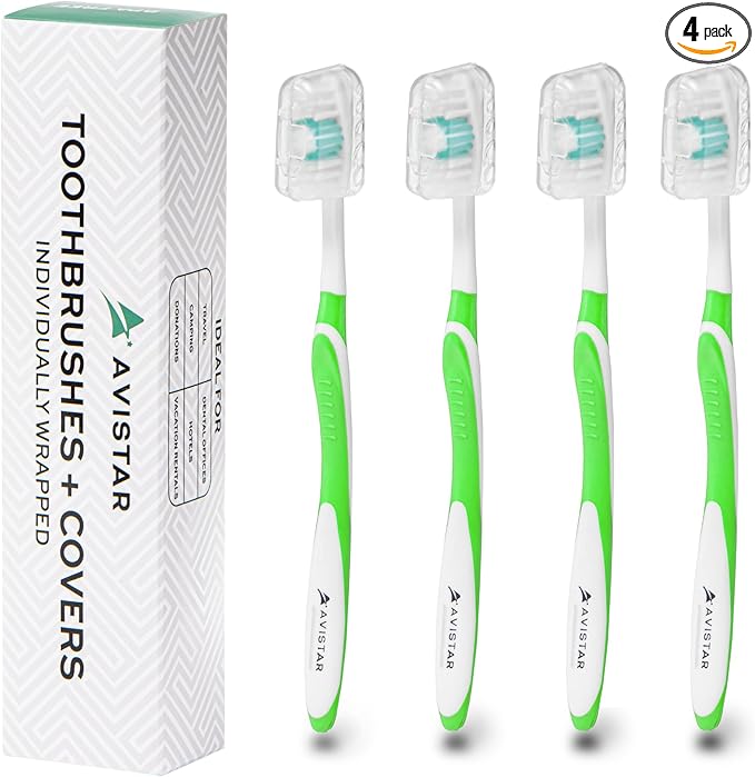 4 Pack Toothbrushes for Adults - Individually Wrapped Medium Bristle Toothbrushes with Covers - Green - Convenient & Affordable Dental Care for Travel, Hotels, Airbnb, Missions & More
