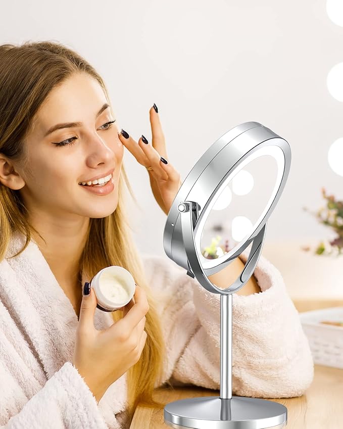 1X/10x Magnified Lighted Makeup Mirror Double Sided Round Magnifying Mirror Standing 360 Degree Swivel Vanity Mirror Battery Operated 7 Inch Diameter Shaving Bathroom Mirror