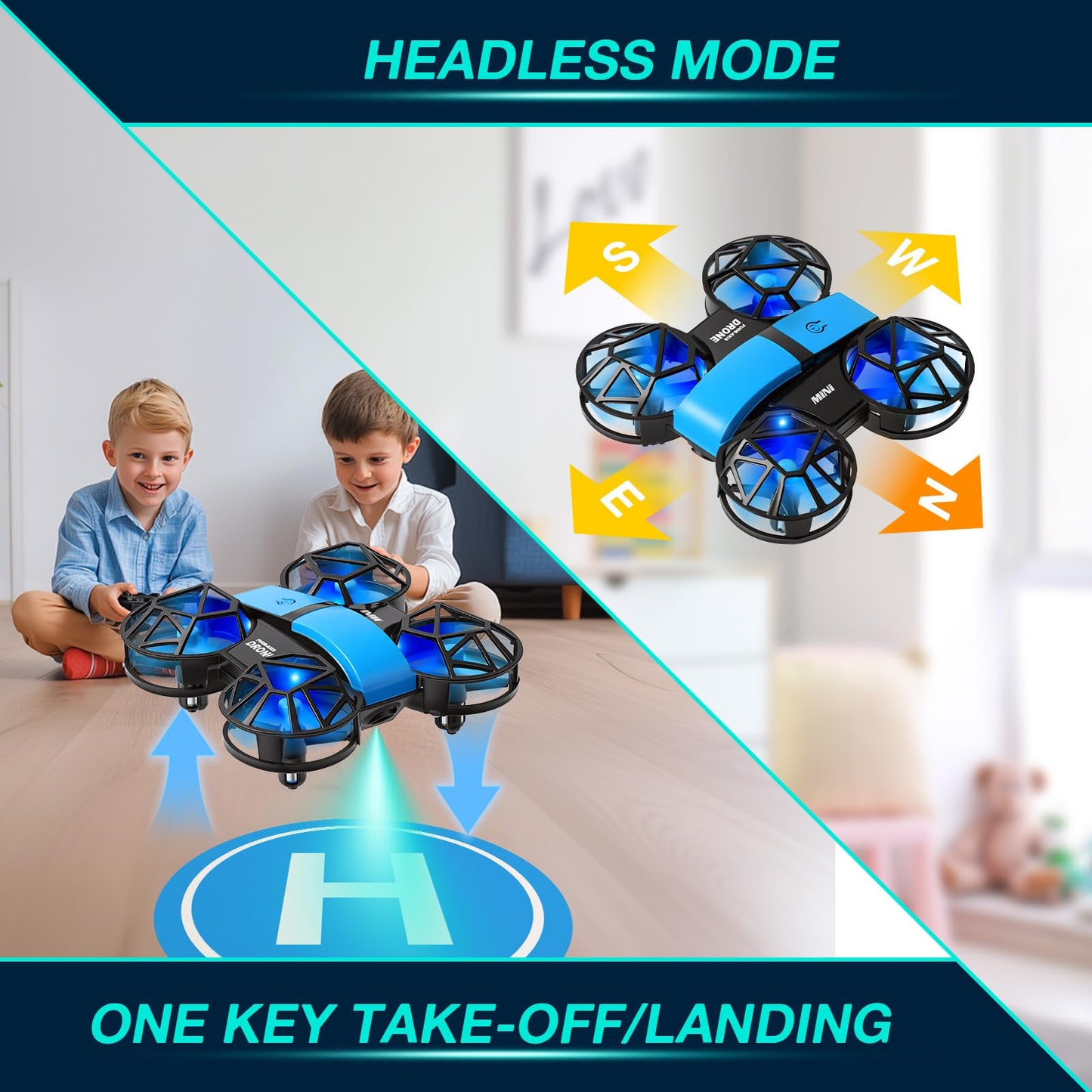 Blue Mini Drone for Kids & Beginners, Indoor & Outdoor RC Quadcopter, Full Propeller Guards, LED Light, 3D Flips, One Key Start, Headless Mode, 2 Rechargeable Batteries, 21 Mins Total Flight Time, Toy Gift for Boys and Girls