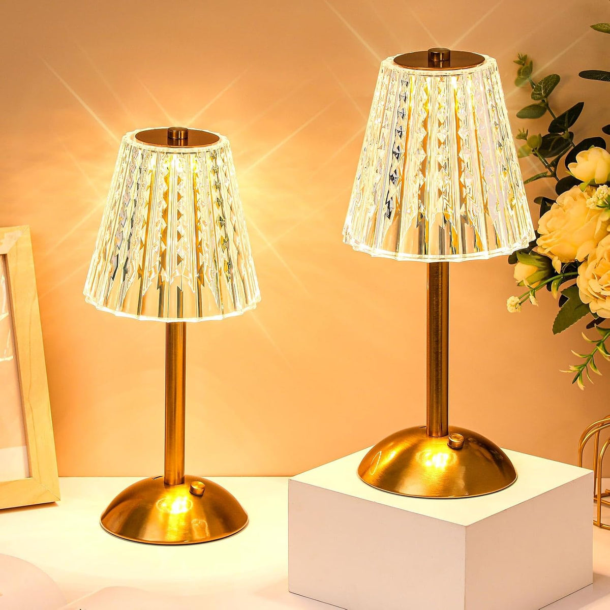 Liliful 2 Pcs LED Portable Cordless Table Lamp Touch Battery Operated Rechargeable Desk Lamp 3 Color Dimmable for Bedroom Living Room Dining (Classic Style,Gold)