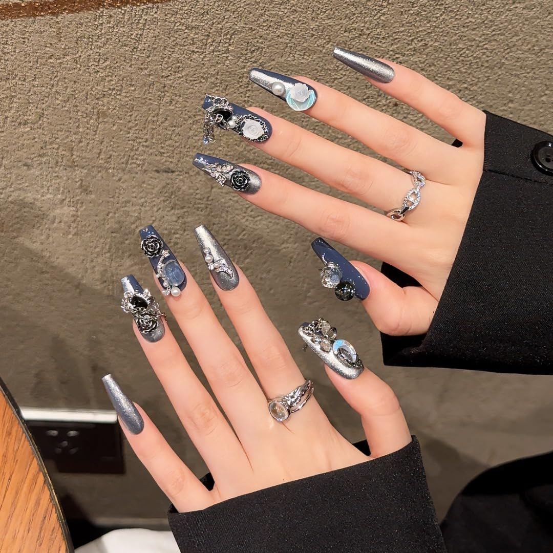 Handmade Press on Nails Blue Square Style with Luxury Moon Flower Pearl and Heart Gem Decor Acrylic Nails Press on Handmade Nails Punk Press On Nails(S)