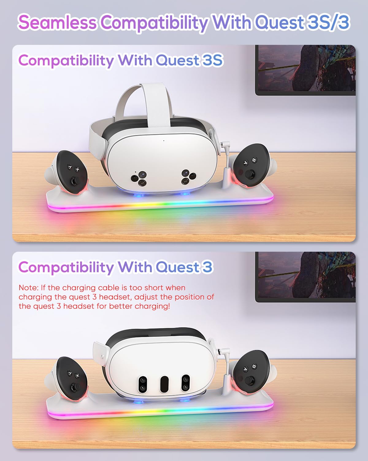 Charging Dock for Meta Quest 3S/3, Kinwin Magnetic Charging Station for Oculus Quest 3S/3 Accessories with RGB Light, Charging Stand for VR Headset & Controller with 2 Rechargeable Batteries (White)