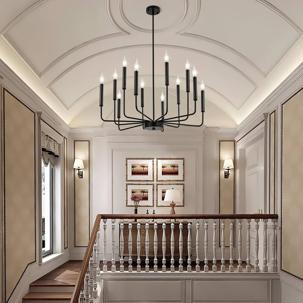 Modern Black Farmhouse Chandeliers, 12-Light Industrial Metal Chandelier Lighting, Classic Candle Hanging Pendant Light Fixtures for Living Room, Dining Room, Kitchen, Bedroom, Entryway