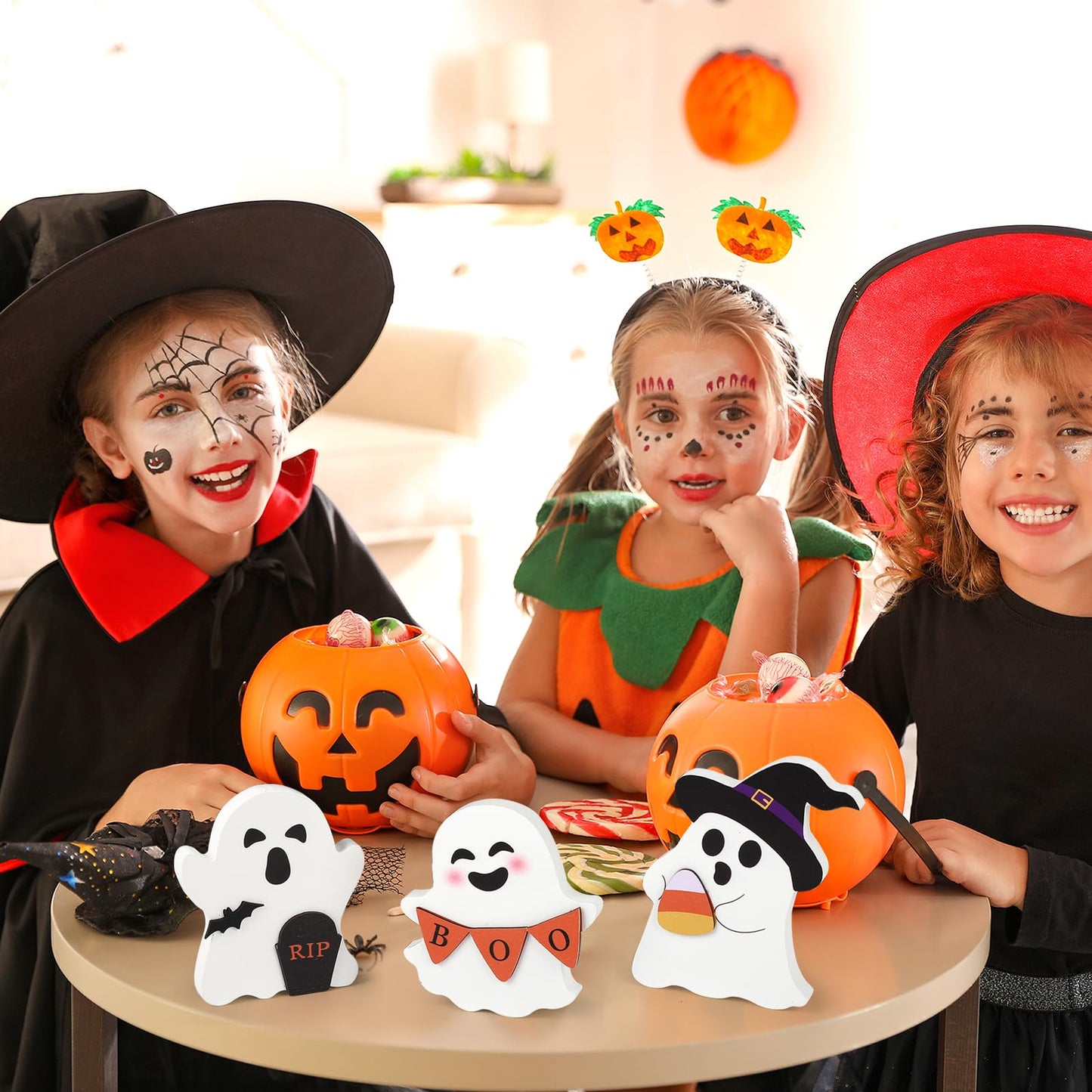 COCHIE Cute Ghost Halloween Decorations Indoor, Wooden Tiered Tray Decor Table Sign Set of 3, Black Cat Bat Witch Broom Signs Pumpkin Blocks for Party Home Shelf Display (B-Ghost)