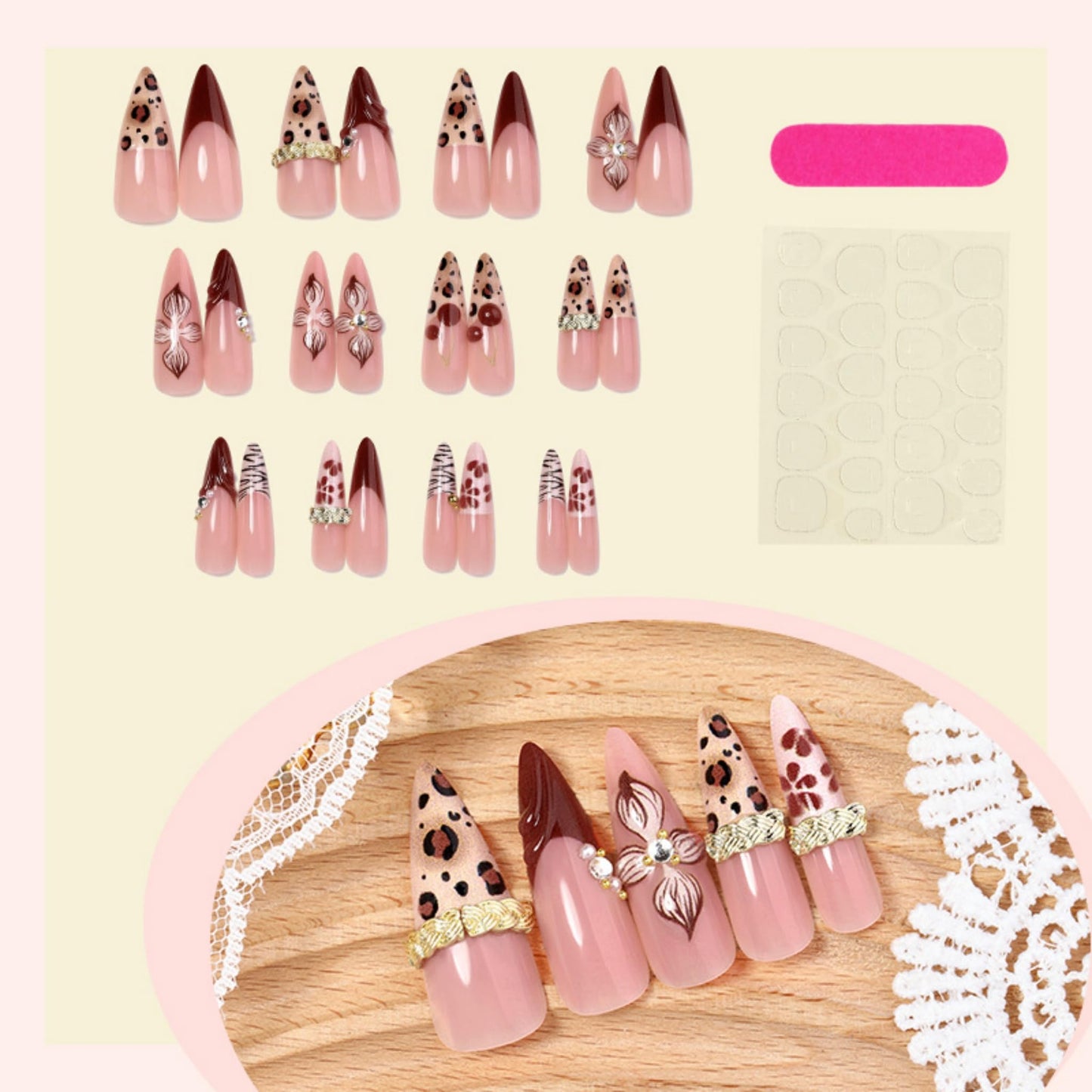 Almond Press on Nails Long Fake Nails Red Artificial Nail Seeneey Red Floral and Cherry Leopard Designs Cute Stick on Nail for Women 24pcs
