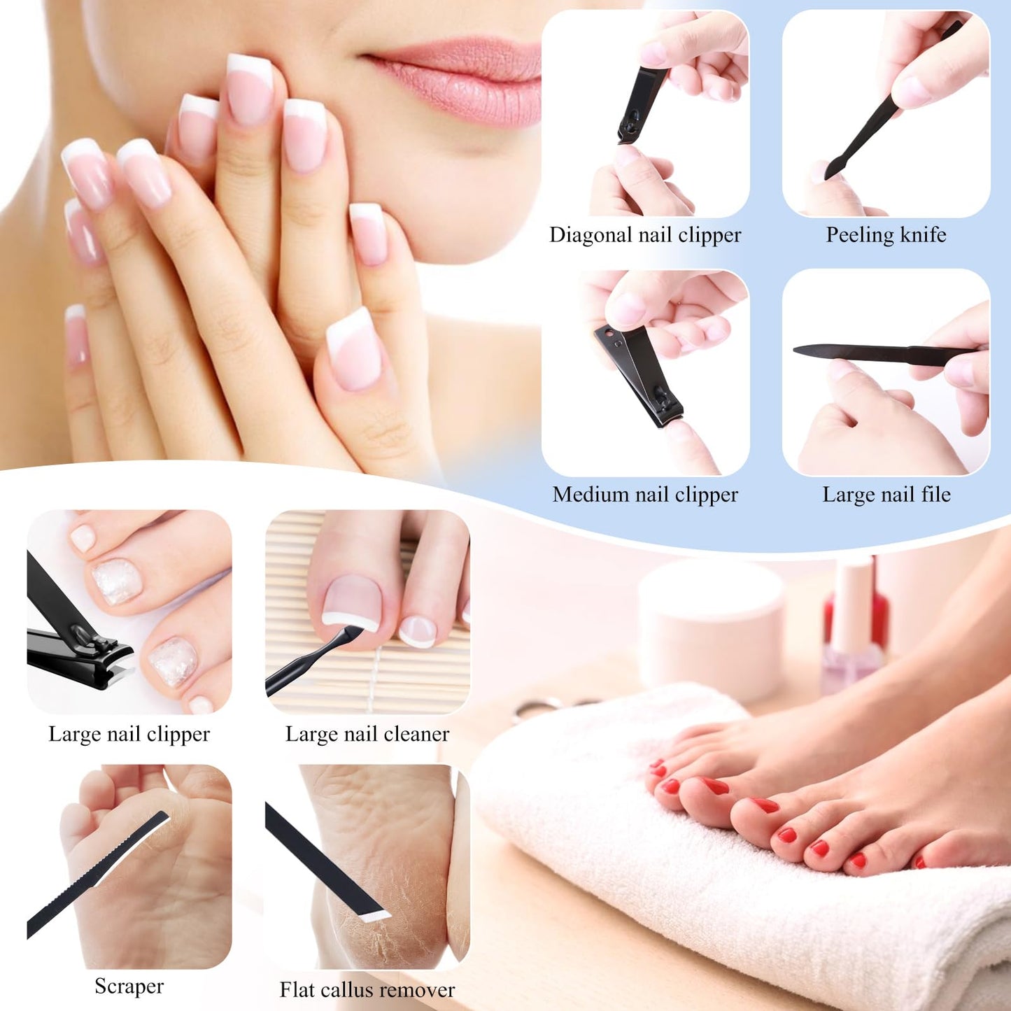 High Precision Stainless Steel Nail Clippers Set - 15 Pcs Manicure Pedicure Kit With File, Sharp Scissors, and Cutter for Fingernails & Toenails - Stylish Light Gray Case