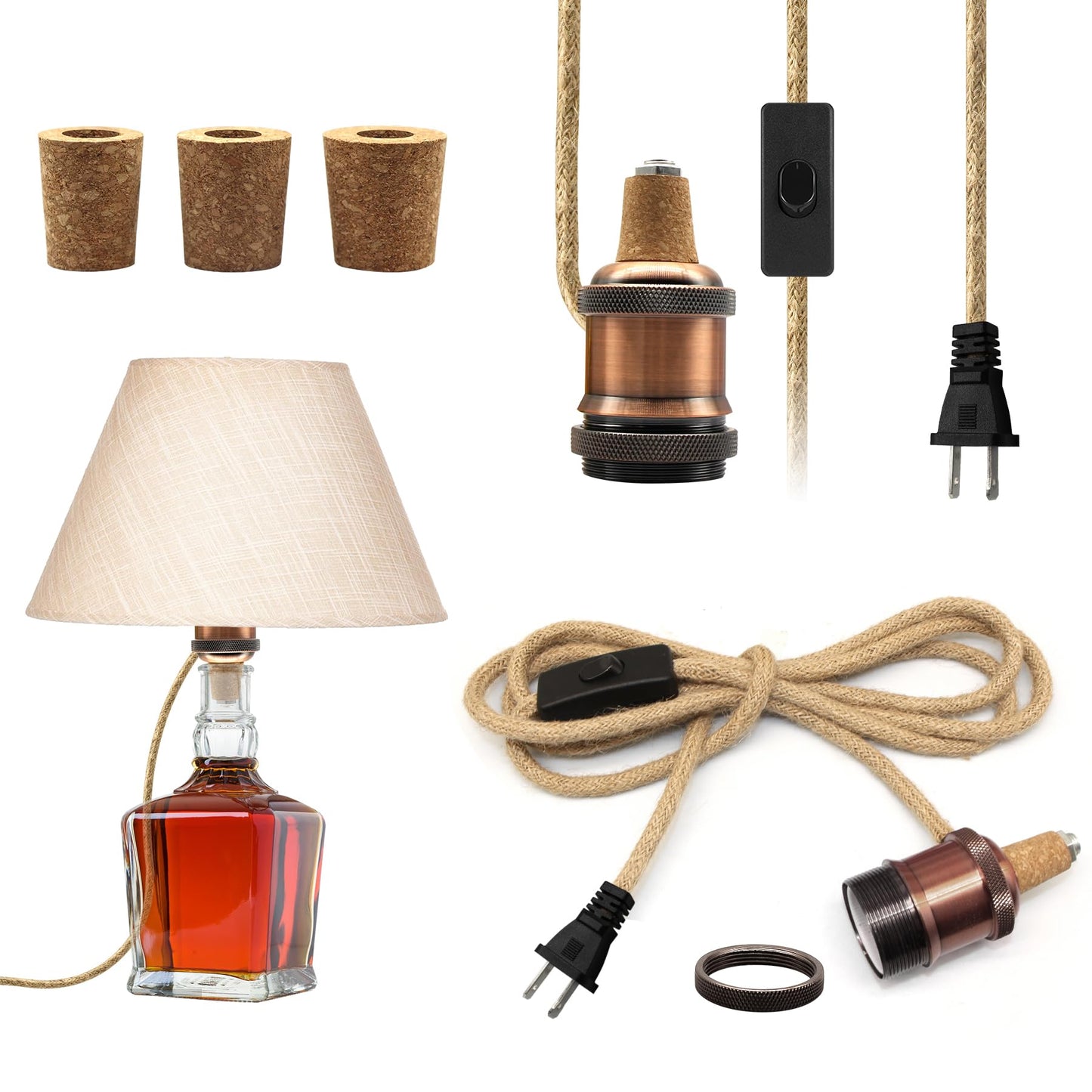 Bottle Lamp Kits, 2 Pack Bronze Bottle Lamp Adaptor Kit, Lamp Kits Do it Yourself, E27 Ceramic Lamp Holder with 95 in Plug and Switch, Brass Table Lamp Kit, Lamp Making kit, with 3 Sizes of Stoppers