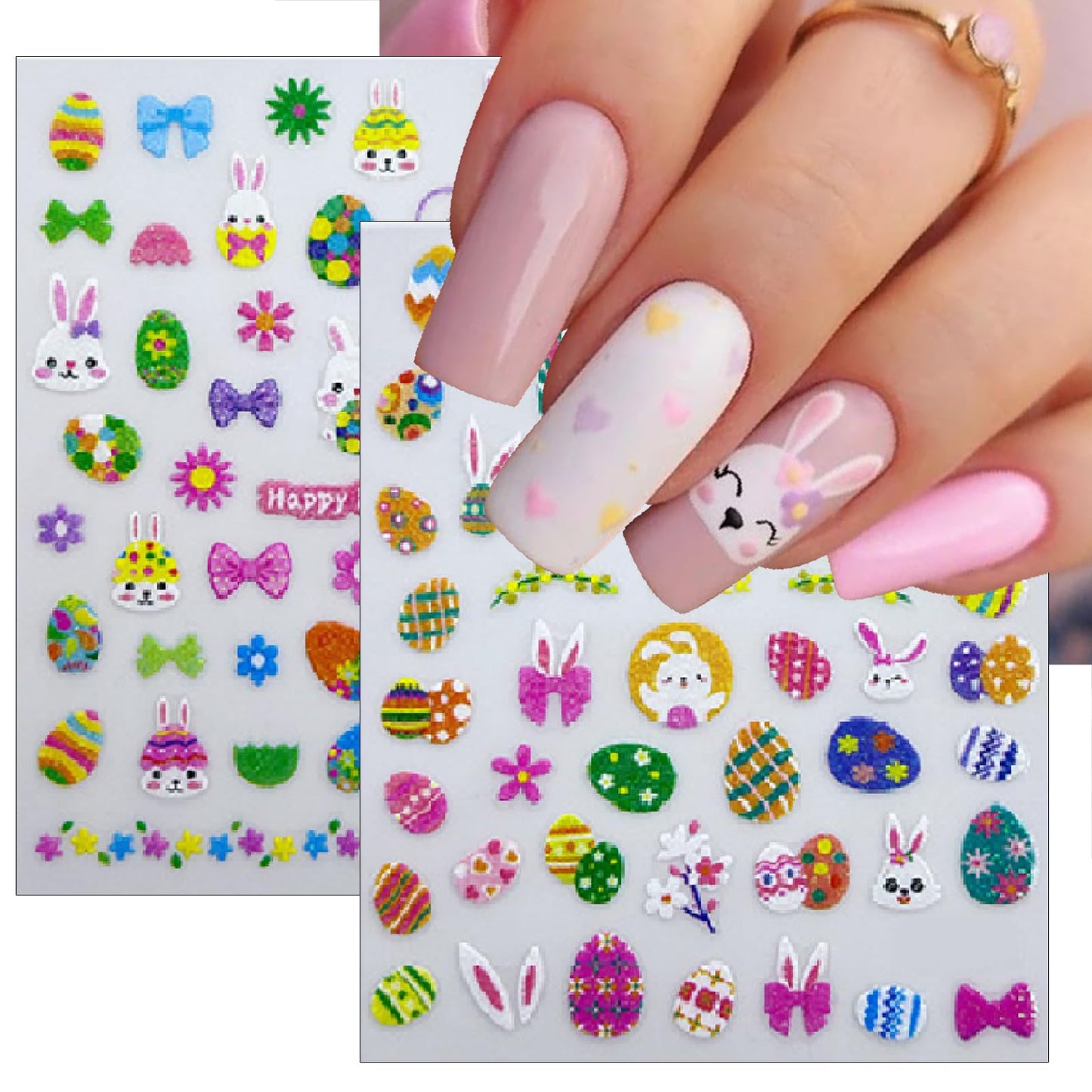 6 Sheets Glitter Easter Nail Art Stickers Easter Egg Rabbit Nail Decals 3D Self Adhesive Cute Chicken Eggs Nail Art Supplies Cartoon Bunny Carrot Nail Supplies Stickers for Women DIY Nail Decorations