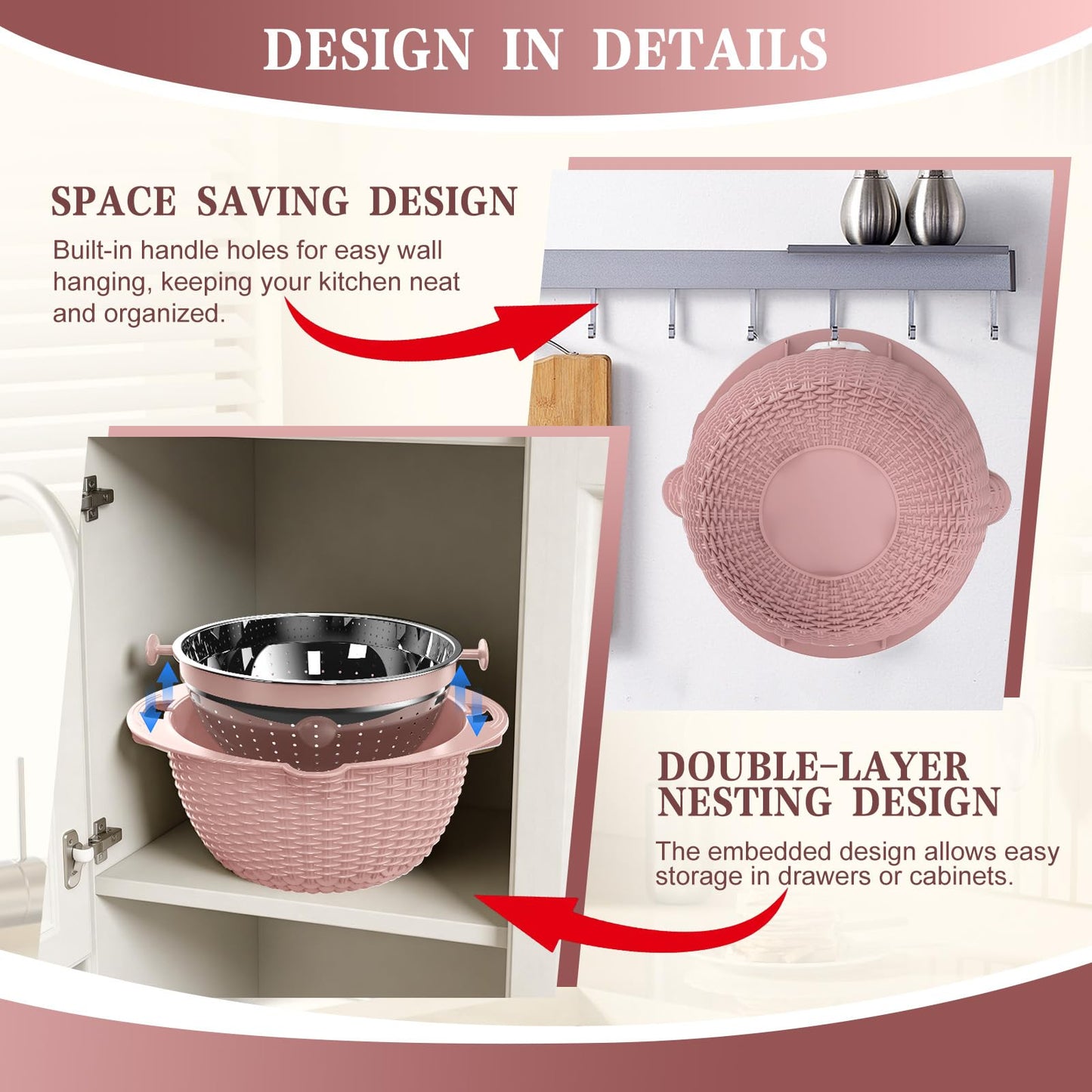 4-1 Strainer Bowl with Lid Set - Strainers and Colanders, Colander for Kitchen, Pasta Strainer, Fruit Cleaner, Veggie Wash, Funny Kitchen Present, Fruit Washing Bowl, Cooking Present for Women - Pink