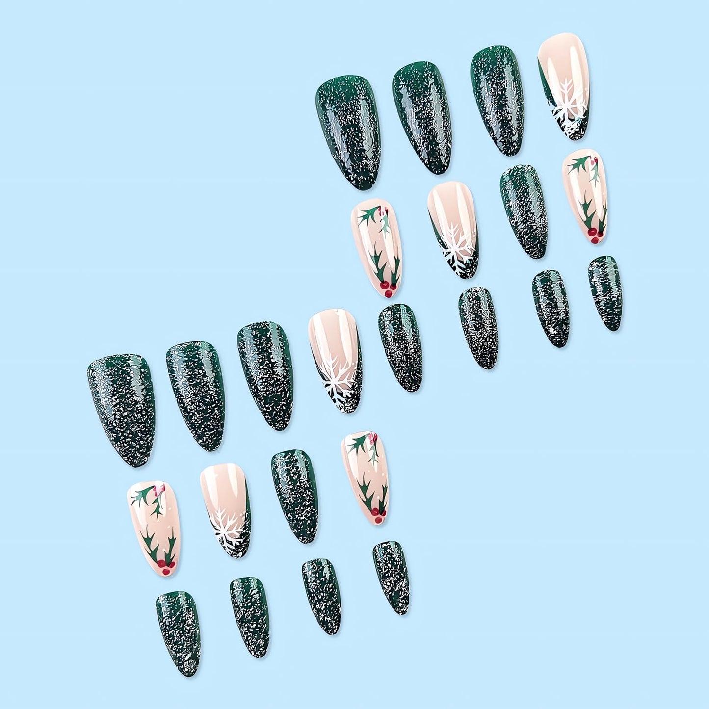 Christmas Press on Nails Almond Medium Fake Nails Green Glitter French Acrylic Nails Kit Winter False Nails with Snowflake Designs Holiday Stick on Nails Glue on Nails for Women DIY Manicure 24Pcs