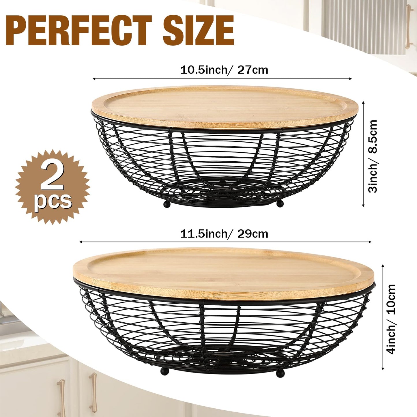 Ferrochef 2 Set Stackable Fruit Basket with Bamboo Lid 11.5 &10.5 Inch Black Metal Wire Large Fruit Bowl for Kitchen Counter Pantry Organizer and Storage for Veggie, Snacks