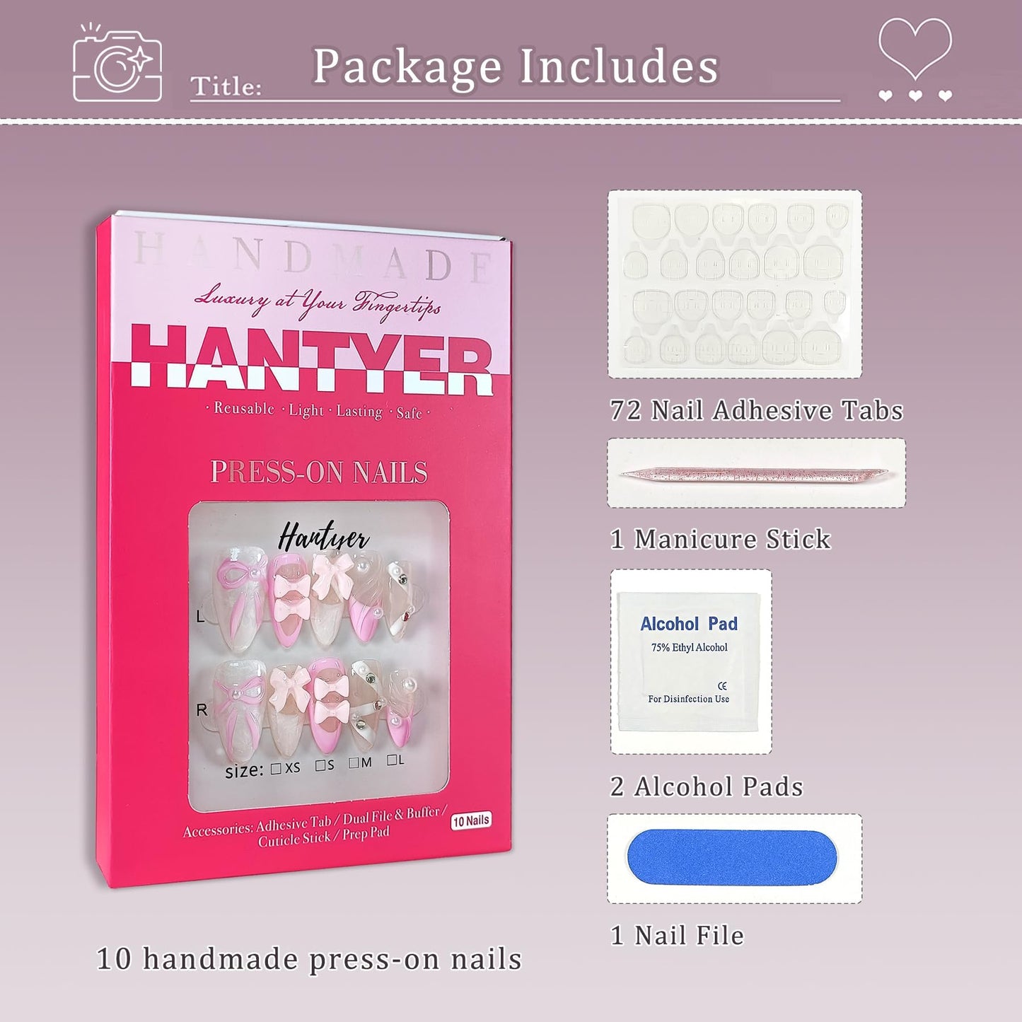 Hantyer 10PCS French Ballet-Inspired Press on Nails with Tools Kit, Medium Almond Glossy Nails in Pink & White, Gel Nails with 3D Bows, Pearls & Rhinestones, Sweet-Edgy Style for Women(Size M)