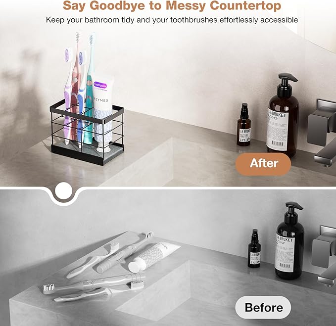 MOJOHAND Toothbrush Holders with Instant Drying Stone for Bathrooms, Stainless Steel Bathroom Electric Toothbrush Toothpaste Holder, Multi-Slots Openwork Design, Bathroom Accessories Organizer