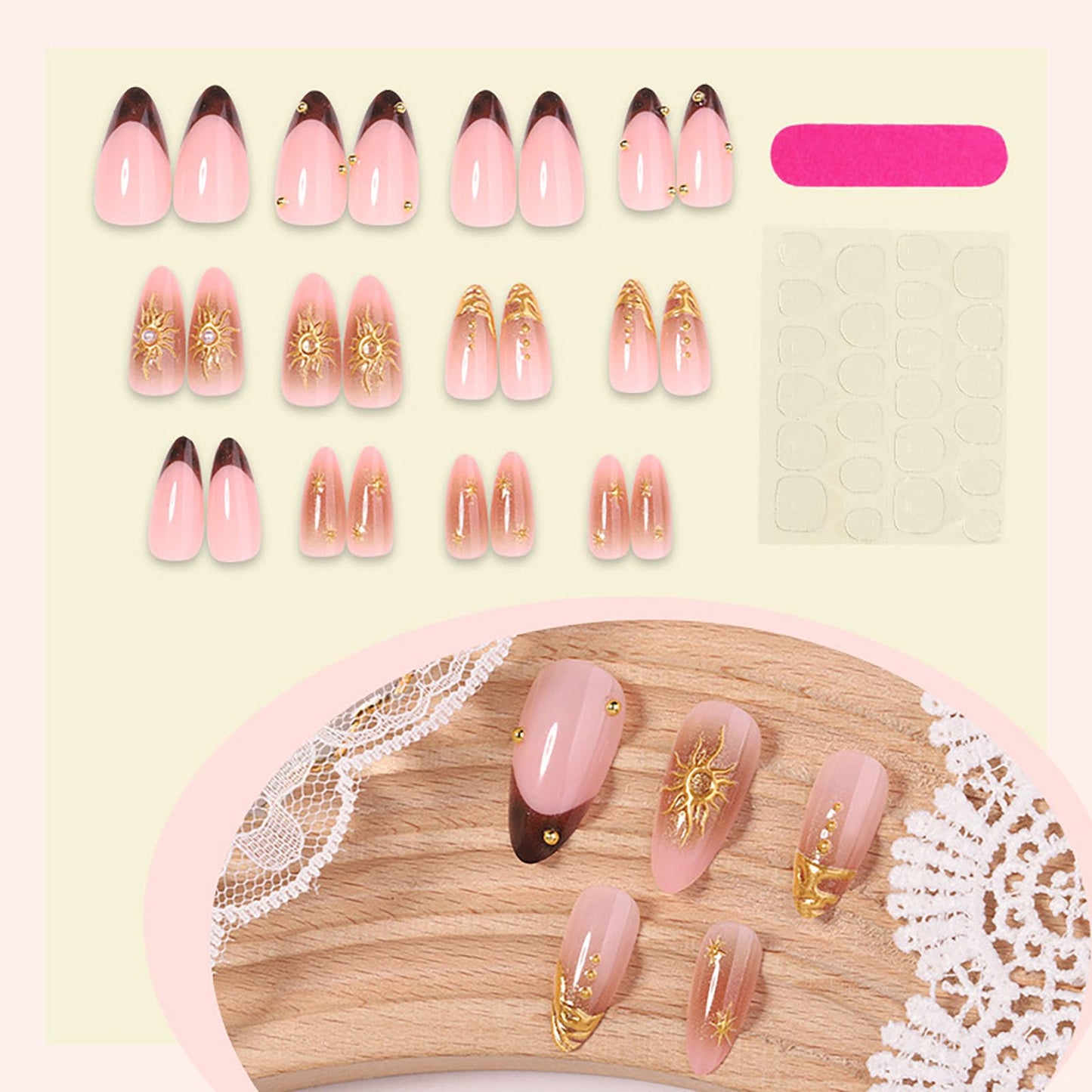 RUOKEXIN Almond Press on Nails Medium Fake Nails French Tip False Nails with Gold 3D Designs Pink Nail Press ons Sparkly Artificial Nails for Women 24Pcs