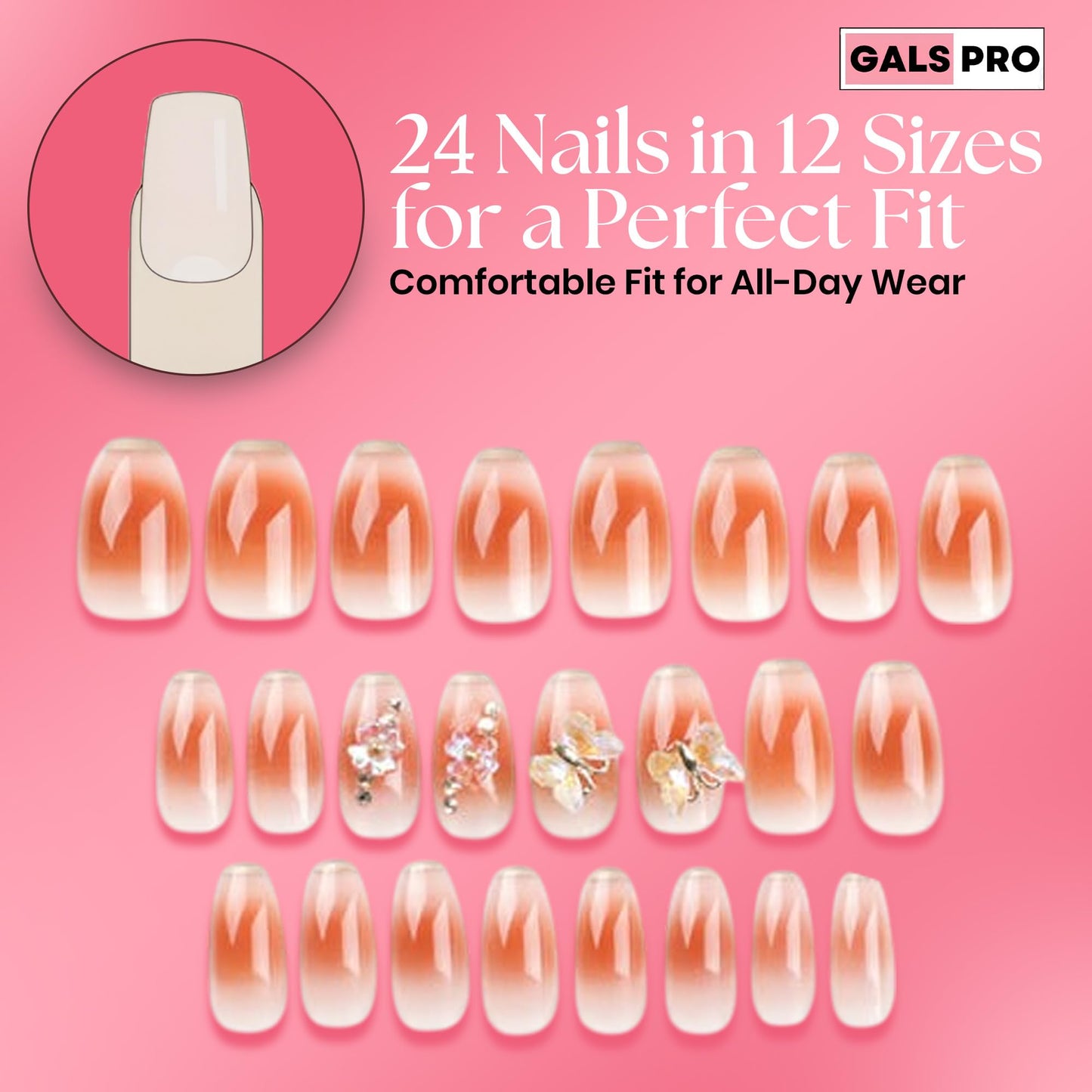 GALSPRO Short Press on Nails - Set of 24 Fake Nails with Designs in 12 Different Sizes for Perfect Fit, Cute False Nails Kit for Women with 0.07oz Nail Glue (SHINY GLAM COFFIN SHAPE, Short)