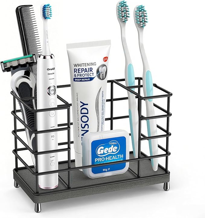 Toothbrush Holder with Quick Drying Mat—Toothbrush and Toothpaste Holders for Bathrooms—5 Slots Openwork Design Black Toothbrush Holder Set,Bathroom Counter Organizer for Electric Toothbrush