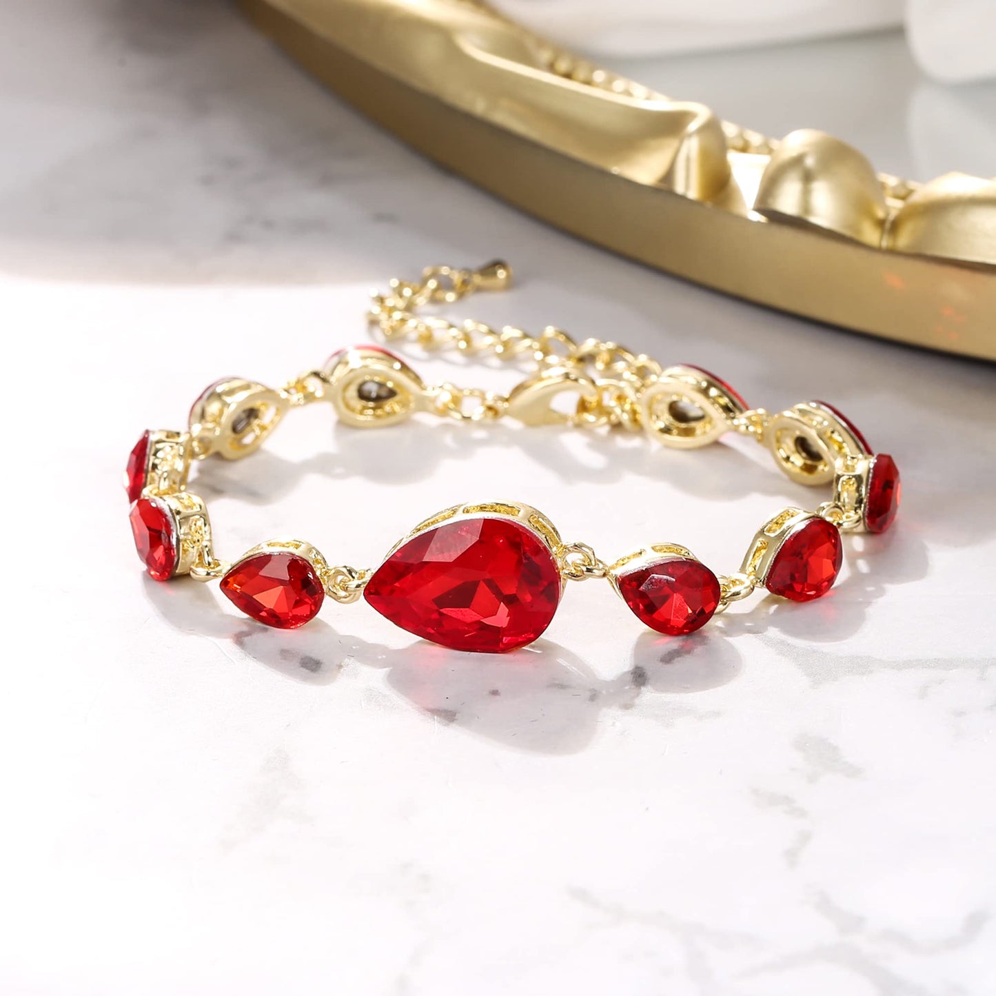 BriLove Wedding Bridal Bracelet for Women Shiny Bling Crystal Multi Teardrop for Party Prom Ruby Color
