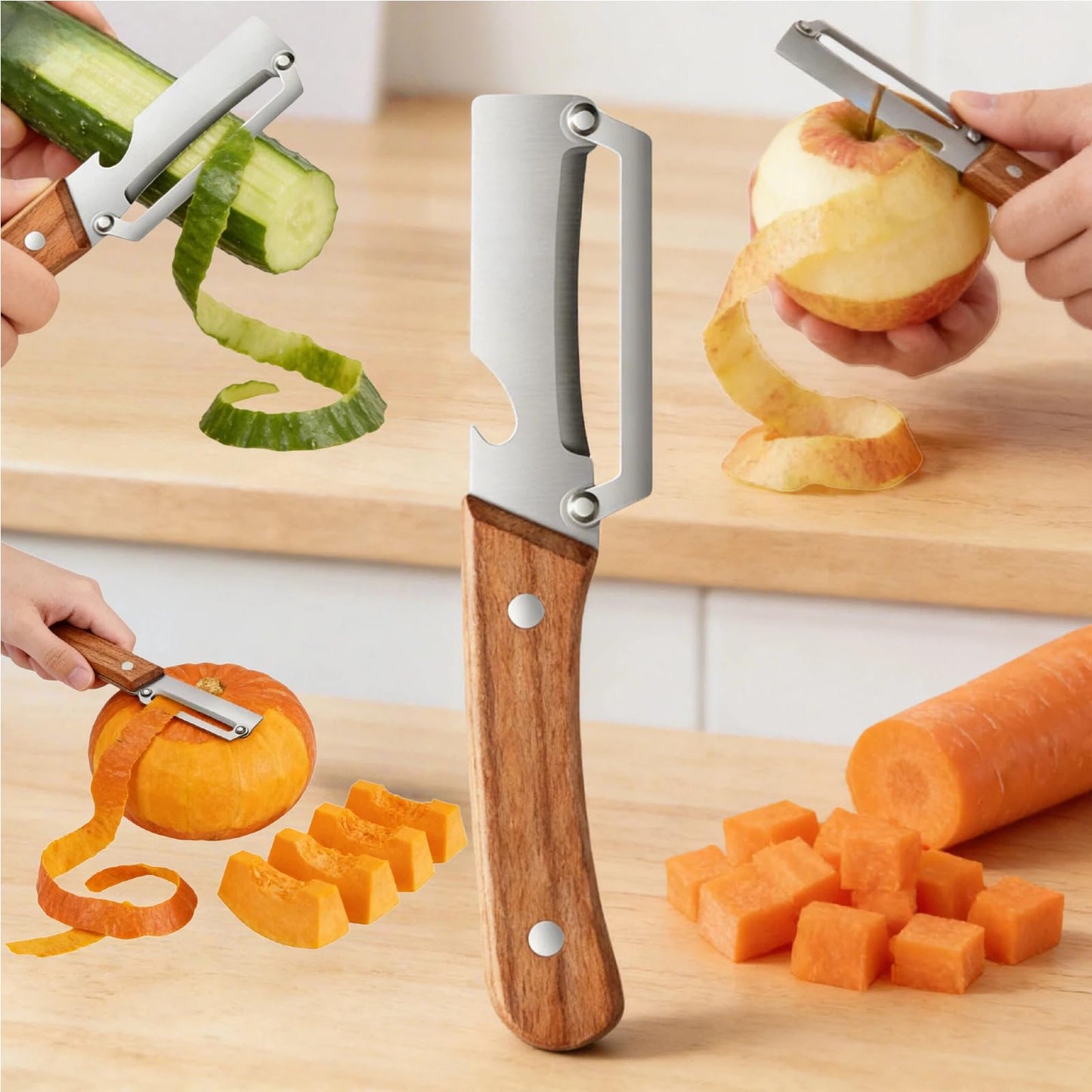 Vegetable Peelers for Kitchen, Multi-functional Vegetable Peeler for Kitchen,Peeler with Wooden Handle and Bottle Opener