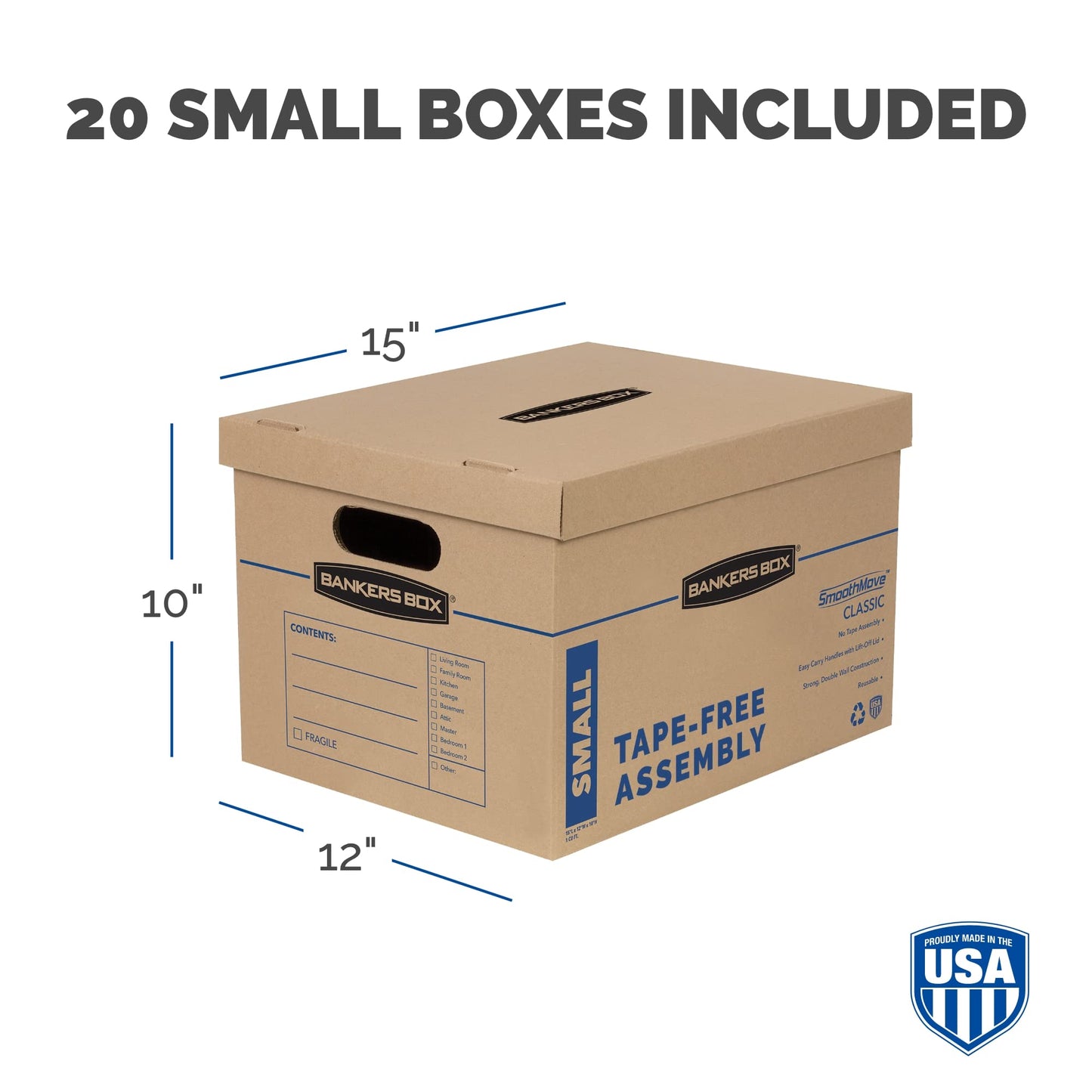 Bankers Box Small Classic Moving Box, 20-Pack, Reinforced Handles, Tape-Free Assembly, 15 x 12 x 10 Inches (7714210)