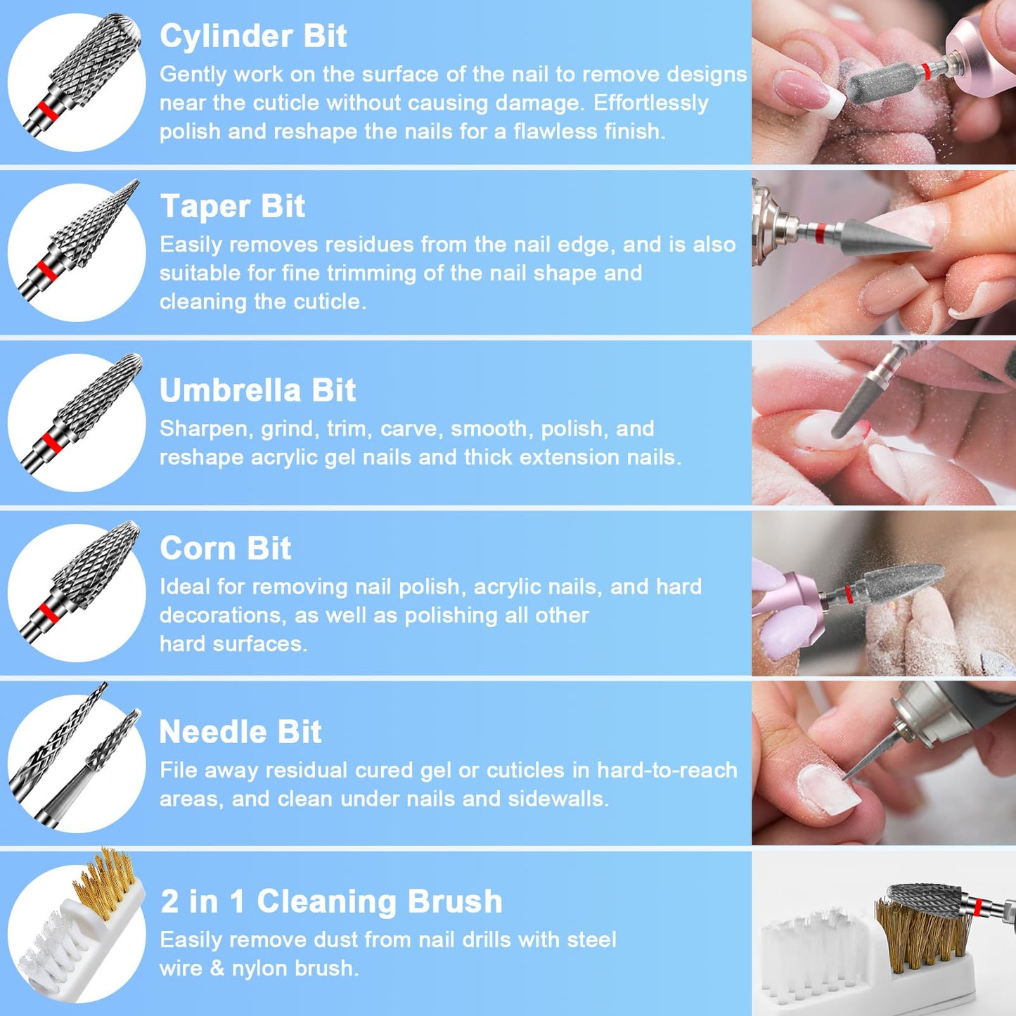CGBE Nail Drill Bits, 6 Piece Nail Drill Bit Grinding Heads Carbide Machine Accessories for Manicure Remove Acrylic or Hard Gel Polygel, 3/32 Inch Professional Bits for Nail Cutter - Fine