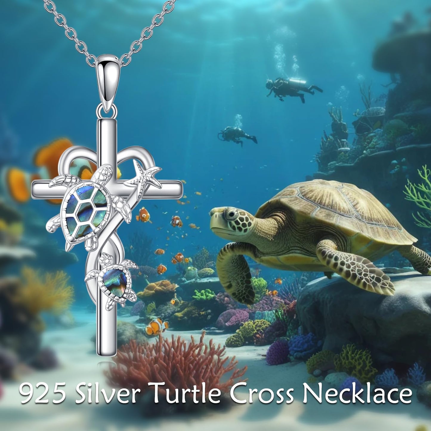 POPLYKE Cross Turtle Necklace for Women 925 Sterling Silver Cross Necklace Abalone Shell Turtle Jewelry for Women