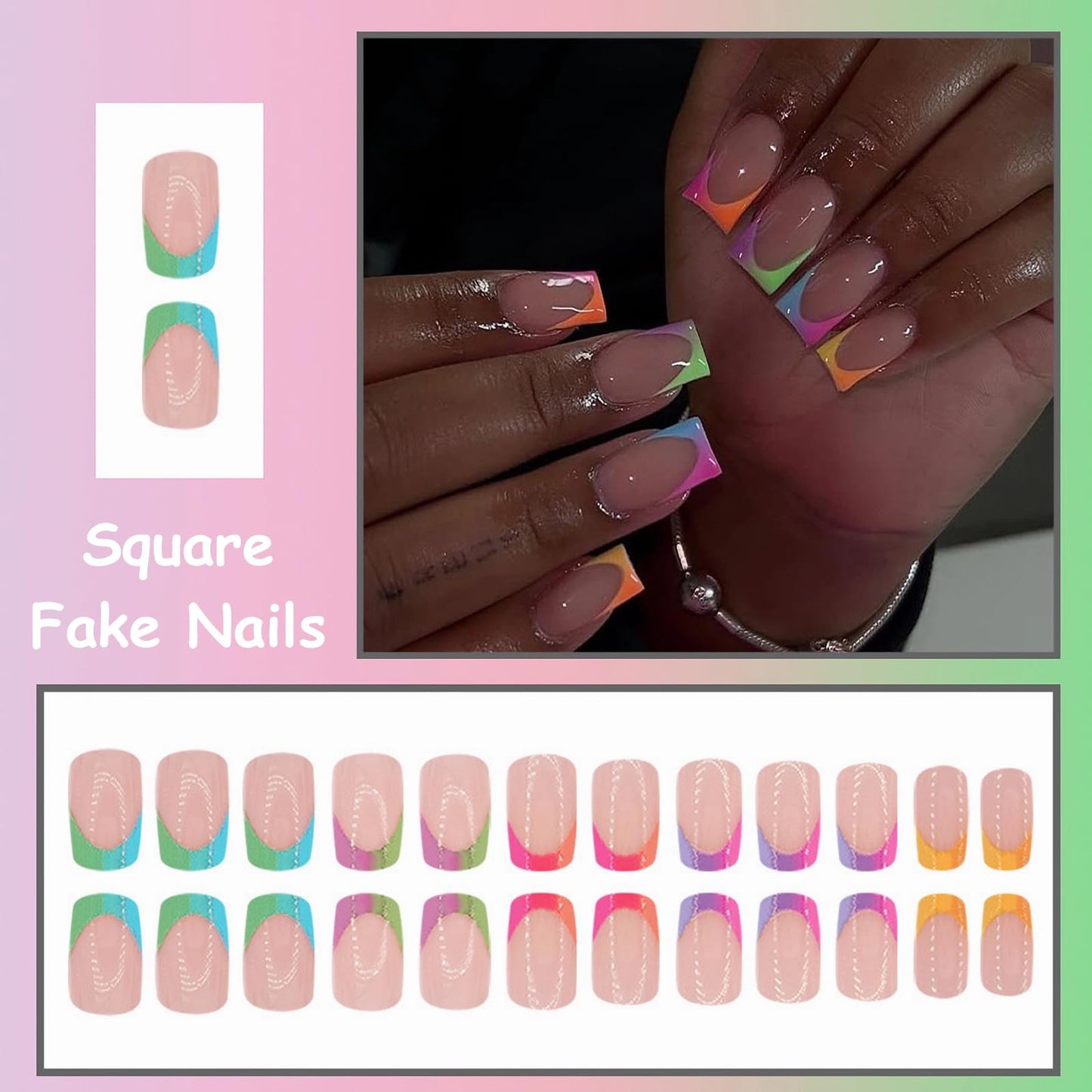 MISUD Press on Nails - Short Square Glue on Nails with Colorful French Tip, Acrylic Summer Rainbow Design 24 pcs