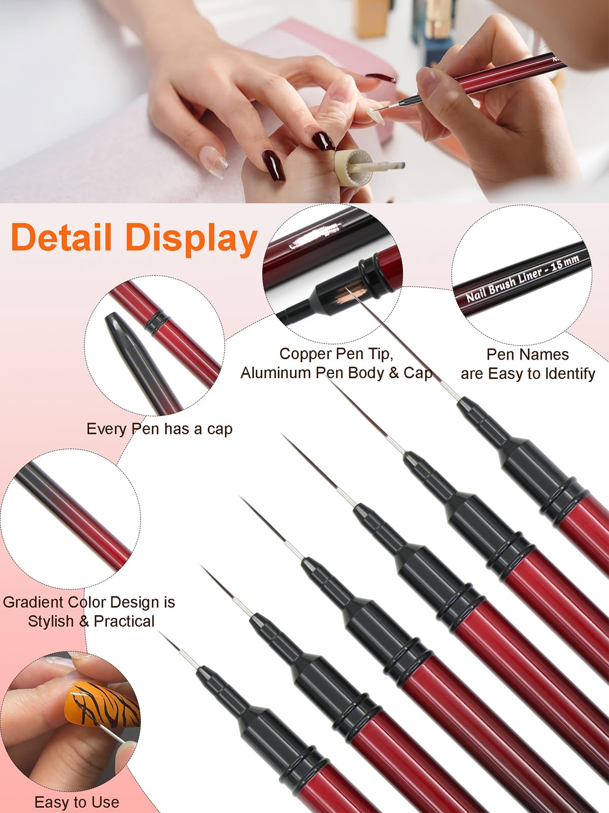 MYR 6Pcs Metal Nail Art Brushes and 2Pcs Nano Nail Files, including 6/9/12/15/18/25mm Nail Art Liner Brushes suitable for Creating Lines, Ripples, Grid Patterns, and Intricate Designs on the Nail Tips