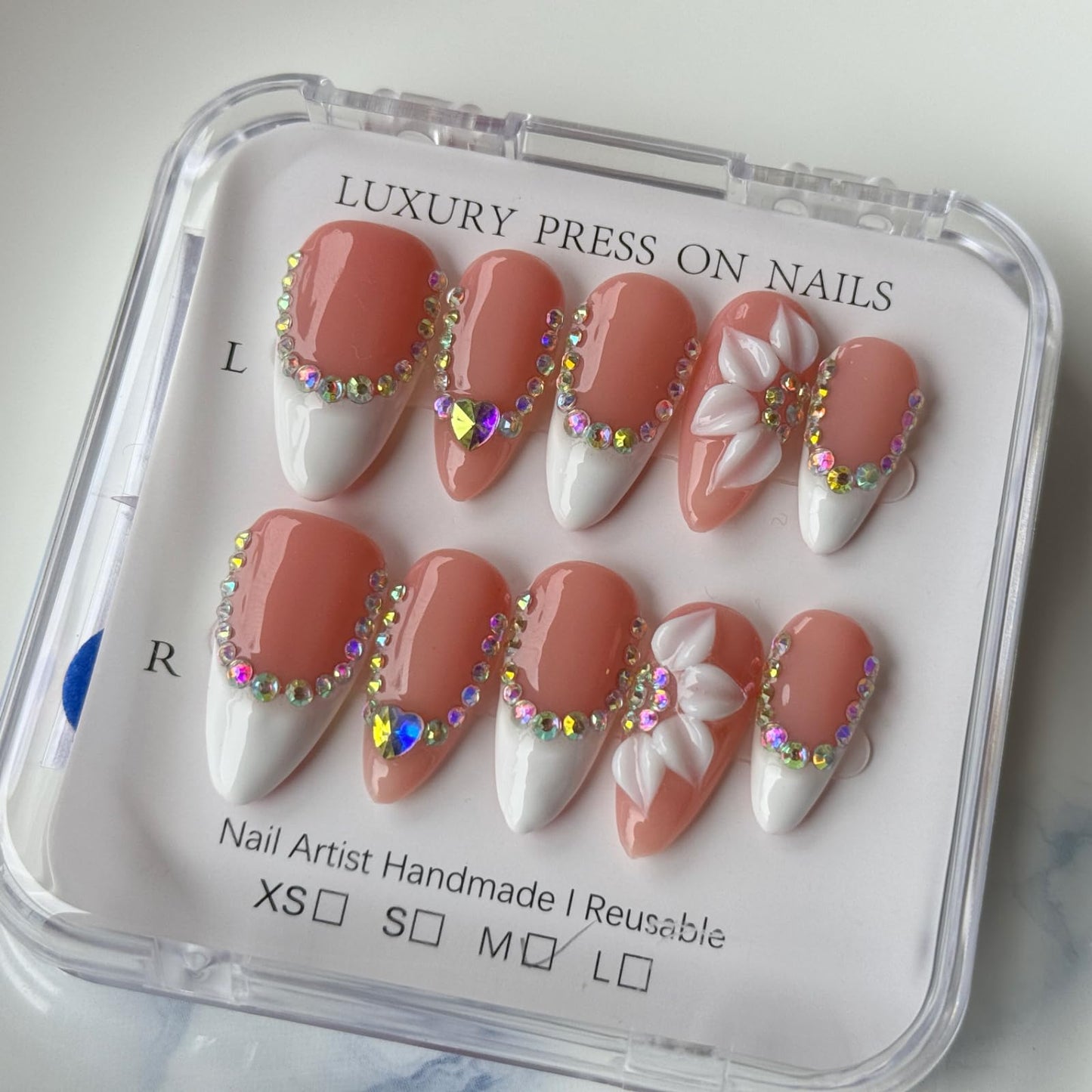 Haozerart Luxury Handmade Press On Nails, Medium Almond French Fake Nails with Rhinestones Floral Designs, Reusable Salon Quality Nails for Women (M Size, 10Pcs)