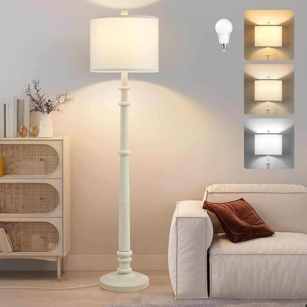 Floor Lamps for Living Room - 60" Resin Farmhouse Floor Lamp with 3 Color Temperatures - Vintage Standing Lamp Reading Light with Linen Shade Retro Tall Lamp for Bedroom Office, Almond White