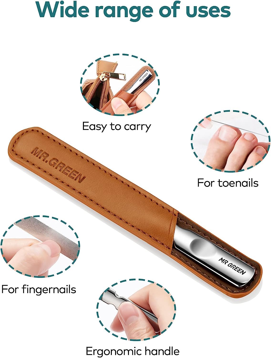 MR.GREEN Stainless Steel Nail File with Anti-Slip Handle and Leather Case, Double Sided and Files Nails Easily for Men and Woman