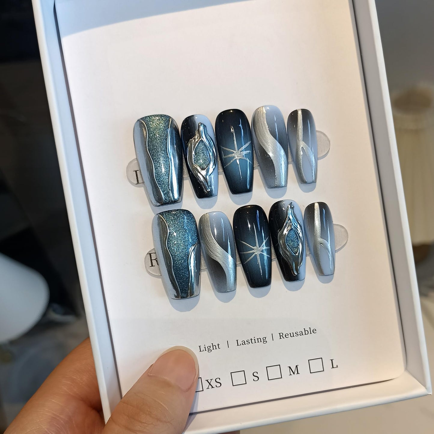 TENPAL Handmade Press On Nails With Tools,Black Blue Ombre 3D Cat Eye Coffin Fake Nails for Women,Glossy Metallic Airbrush Galaxy Designs Glue on Nails,Chrome Relief Punk Acrylic Nails 10pcs(S)
