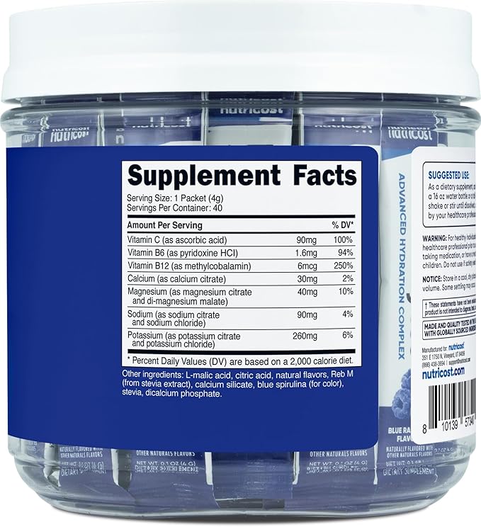 Nutricost Electrolytes Complex, Blue Raspberry Flavored, 40 Stickpacks - Advanced Hydration Complex